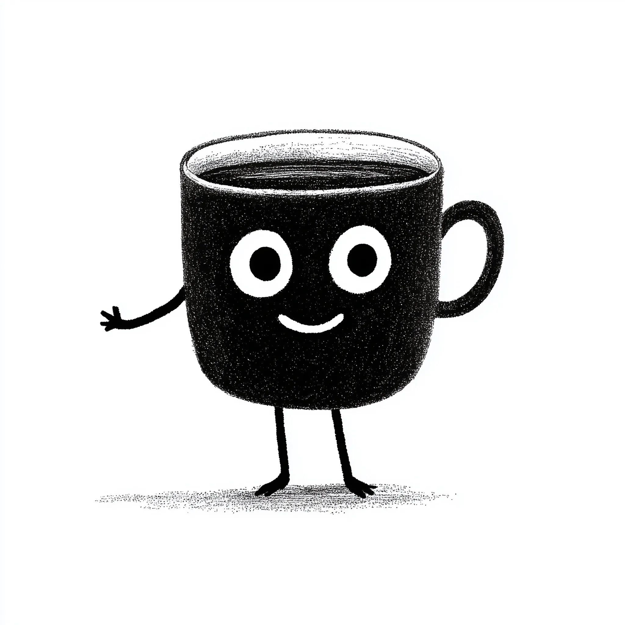 Minimalist cartoon coffee cup illustration with a smiling face and limbs in a simple black line art style.
