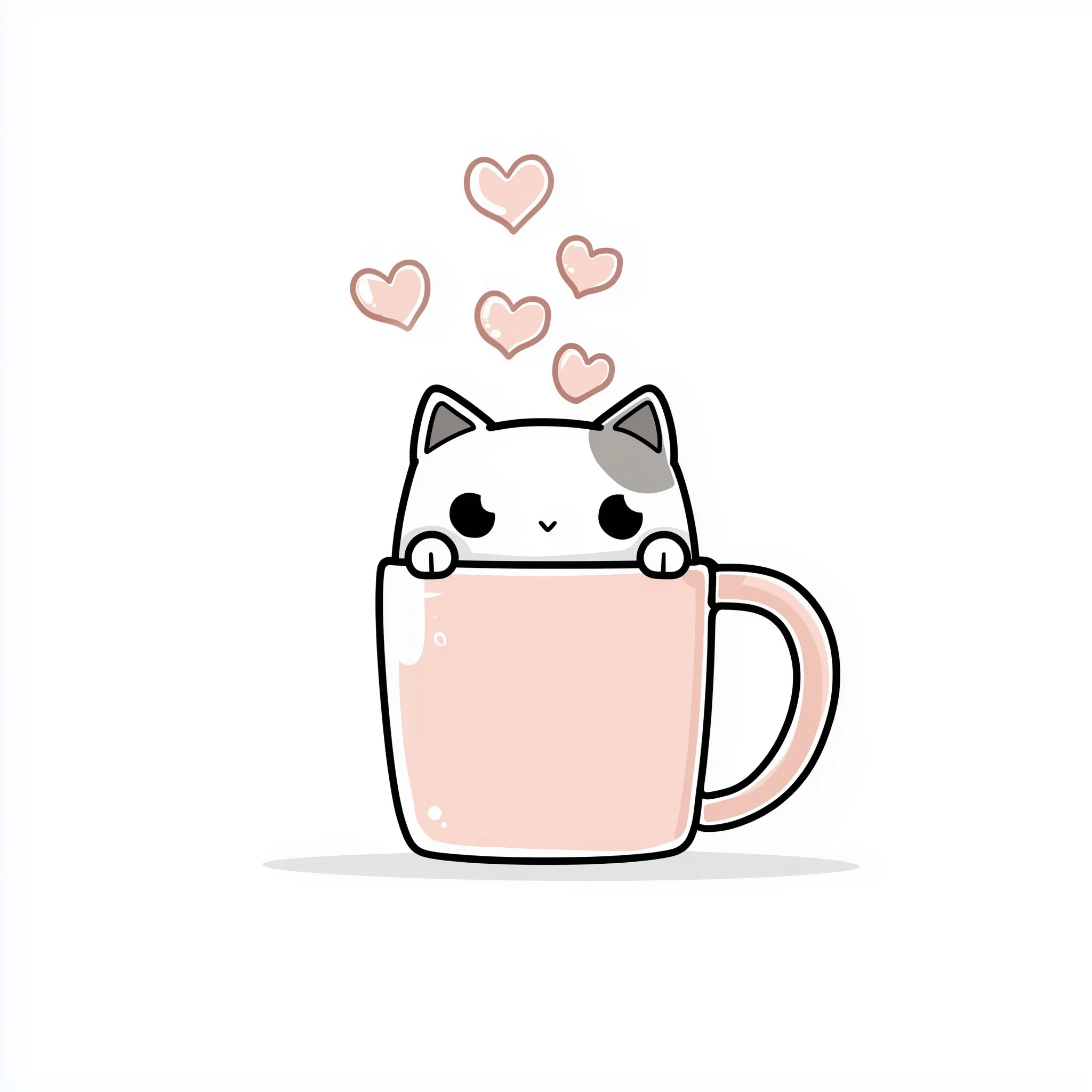 Kawaii cat peeking over a pastel coffee mug with heart-shaped steam in a cute doodle line art style.