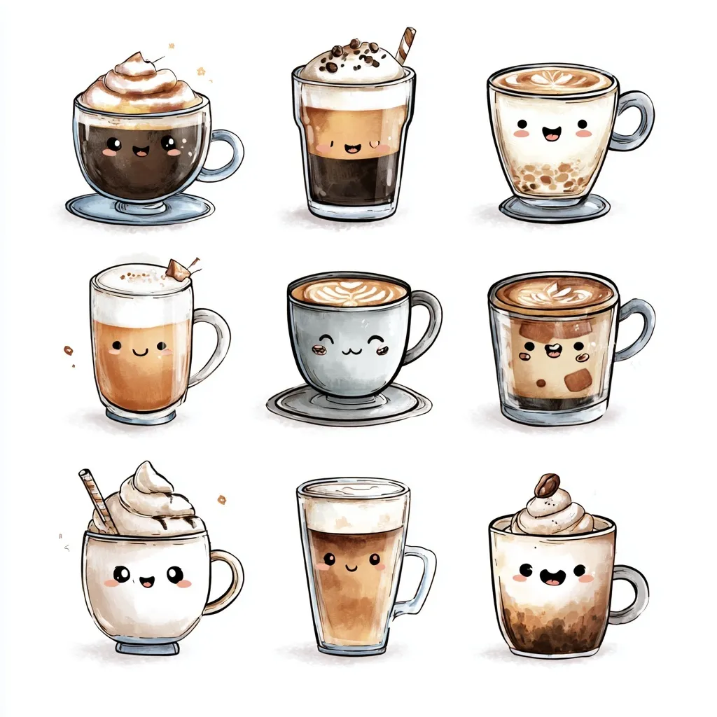 Cute chibi coffee drinks in a cartoon illustration style isolated on a plain white background.