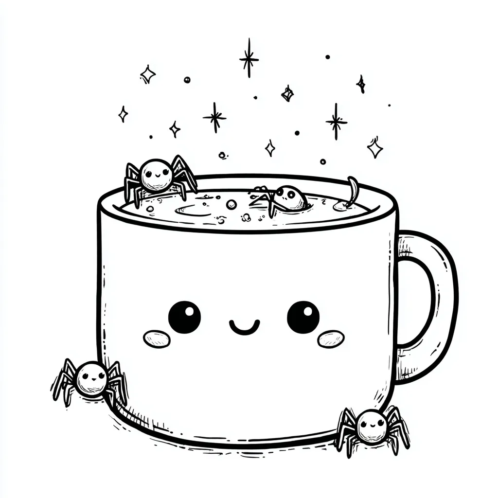 Kawaii hot cocoa cup with two cute spiders, black and white line art coloring page with bold outlines.