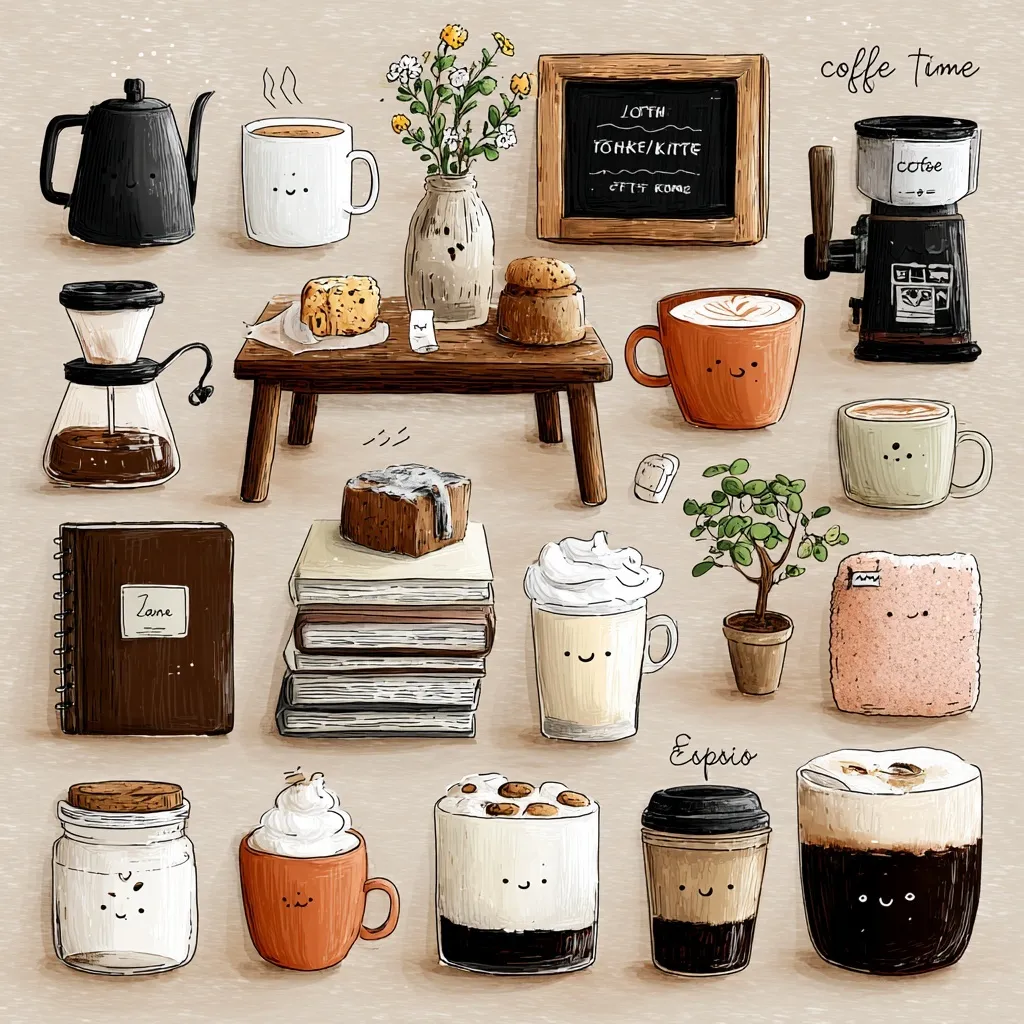 Cute hand-drawn coffee clipart collection with mugs, pastries, and whimsical cafe elements on a transparent background.