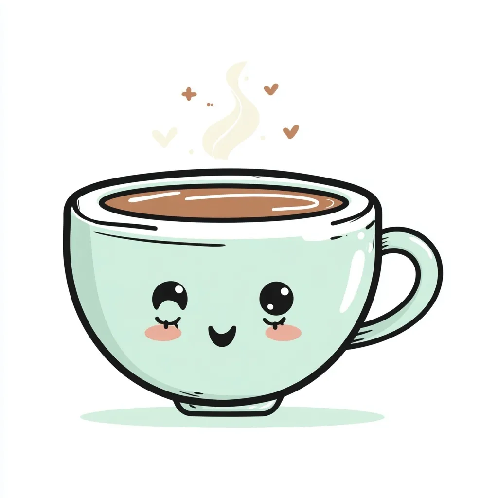 Cute kawaii coffee cup cartoon with a smiling face and steam, flat vector illustration in pastel retro colors.
