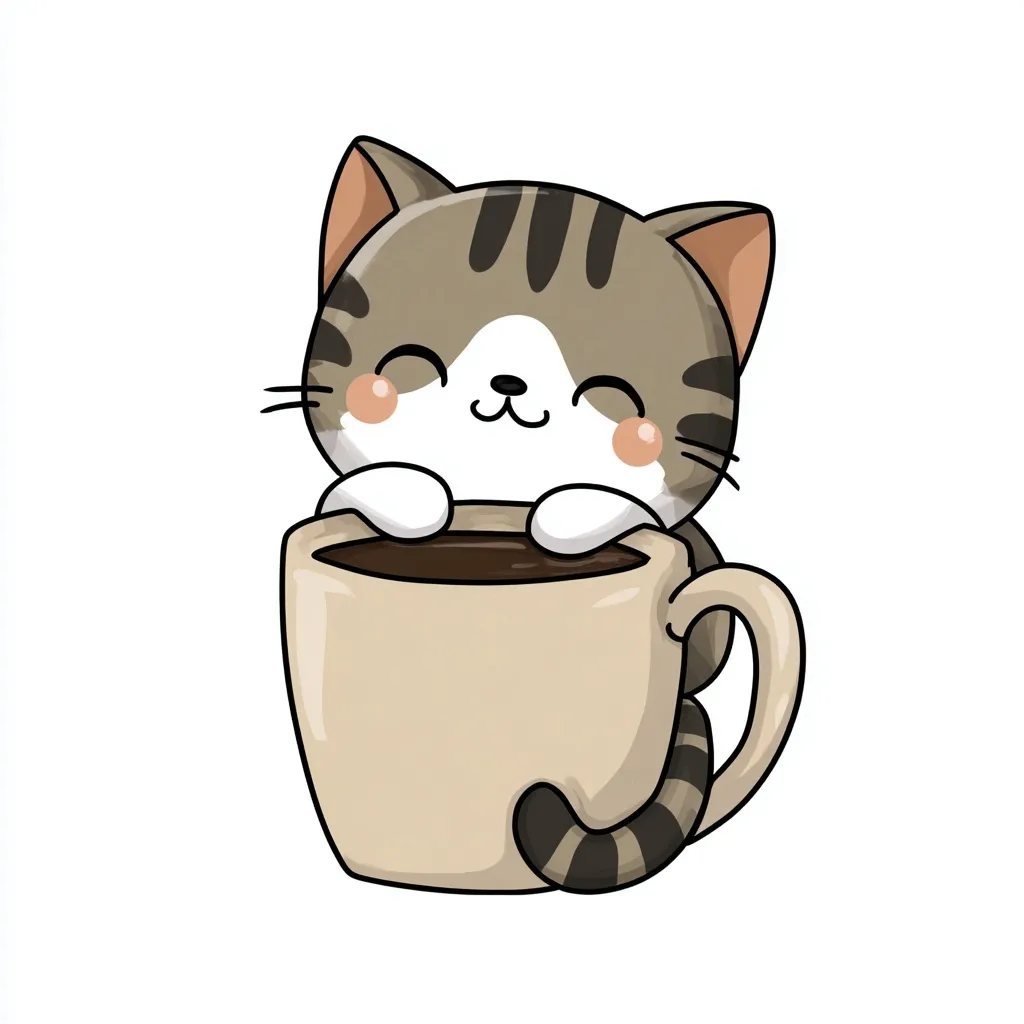 A cute chibi cat illustration hugging a large coffee mug with a happy, content expression, isolated on white.