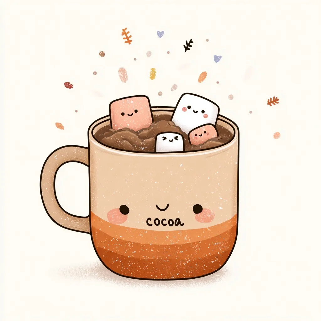 Cute autumn coffee mug clipart with marshmallows, cocoa text, and warm fall colors in a minimalist crayon style.