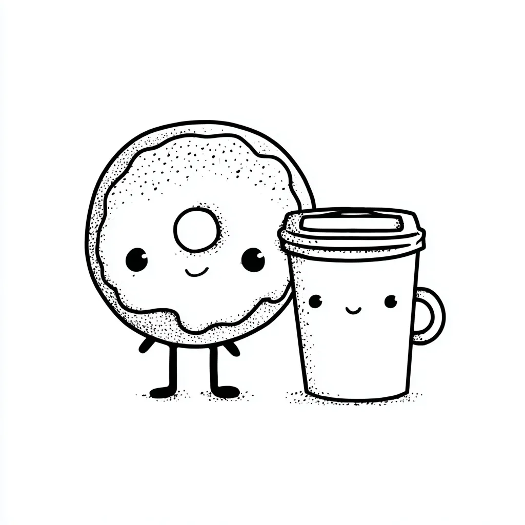 Cute kawaii autumn cider and doughnut clipart, simplistic black and white line drawing on a white background.