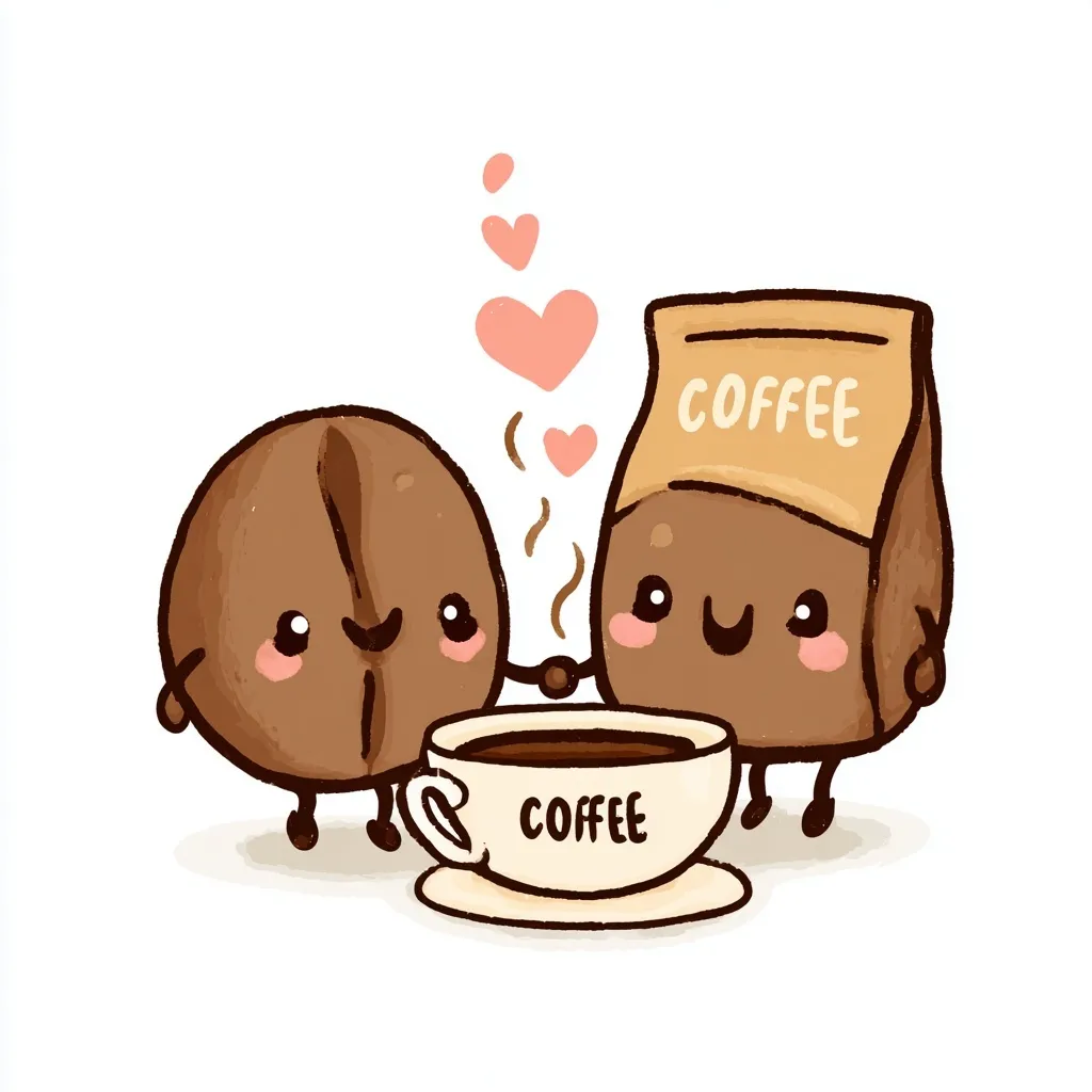 Cute kawaii coffee bean couple holding hands in front of a coffee cup and bag on a white background.
