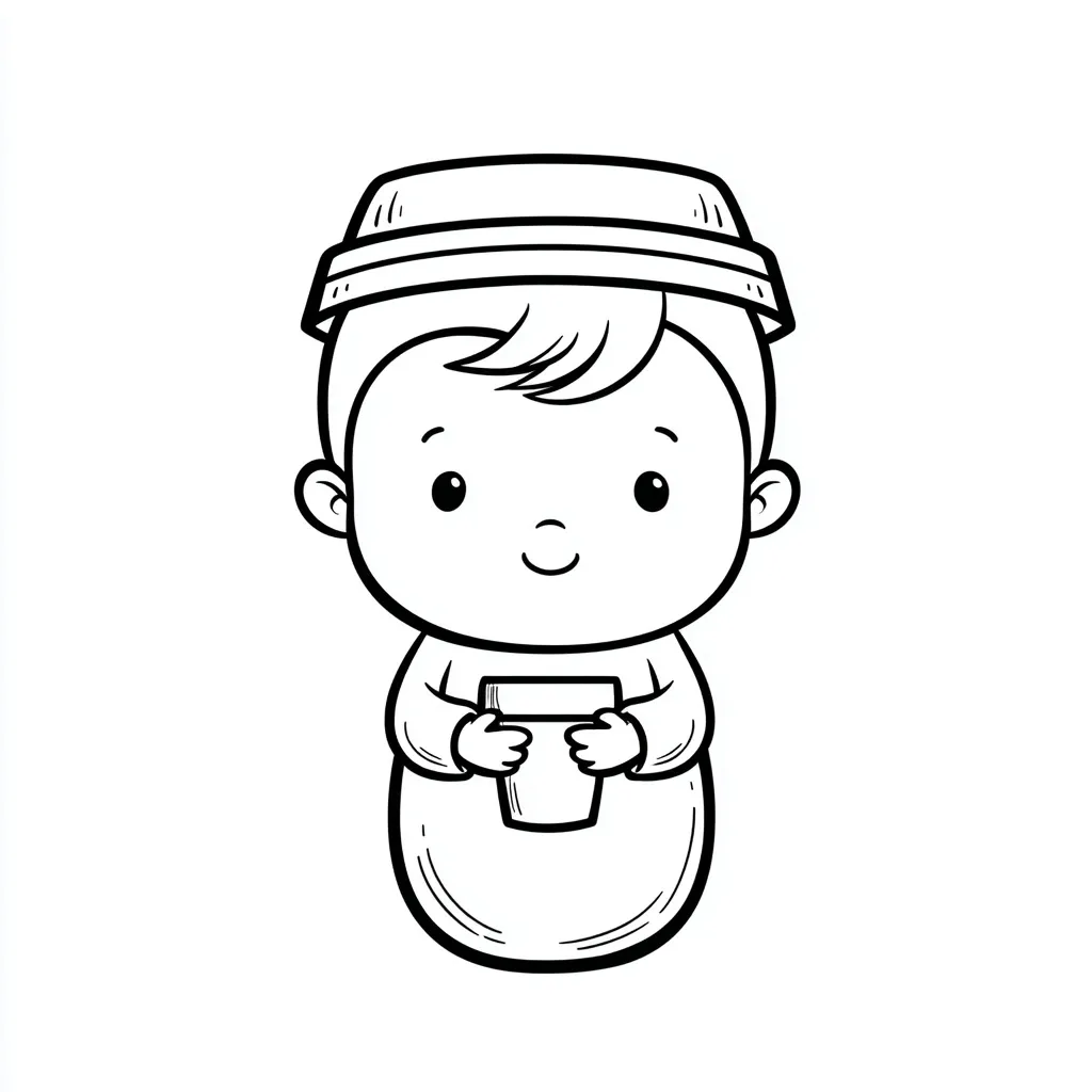 Cute newborn baby boy cartoon line art illustration, simple black and white drawing on white background.