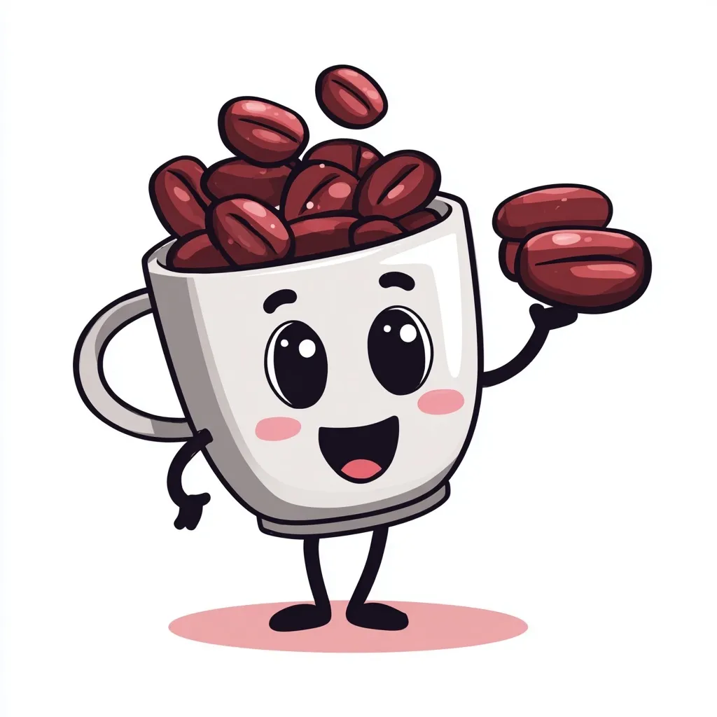 Cute coffee cup mascot character holding coffee beans, vector illustration on white background.