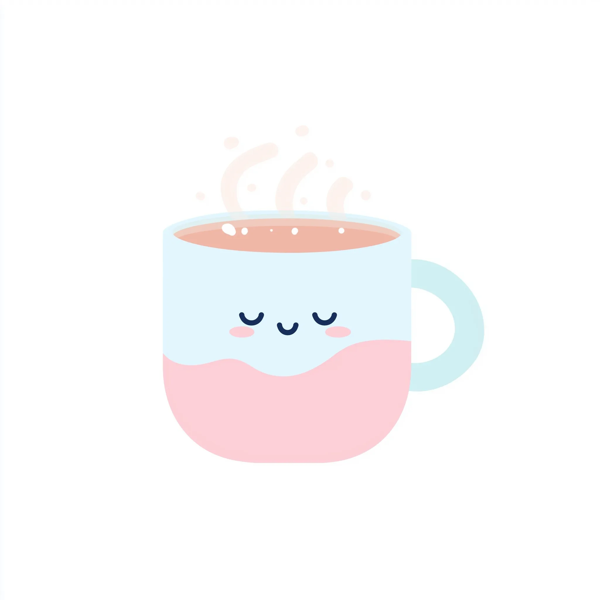 Kawaii pastel coffee mug illustration with hot steam, minimalist flat vector art on a white background.