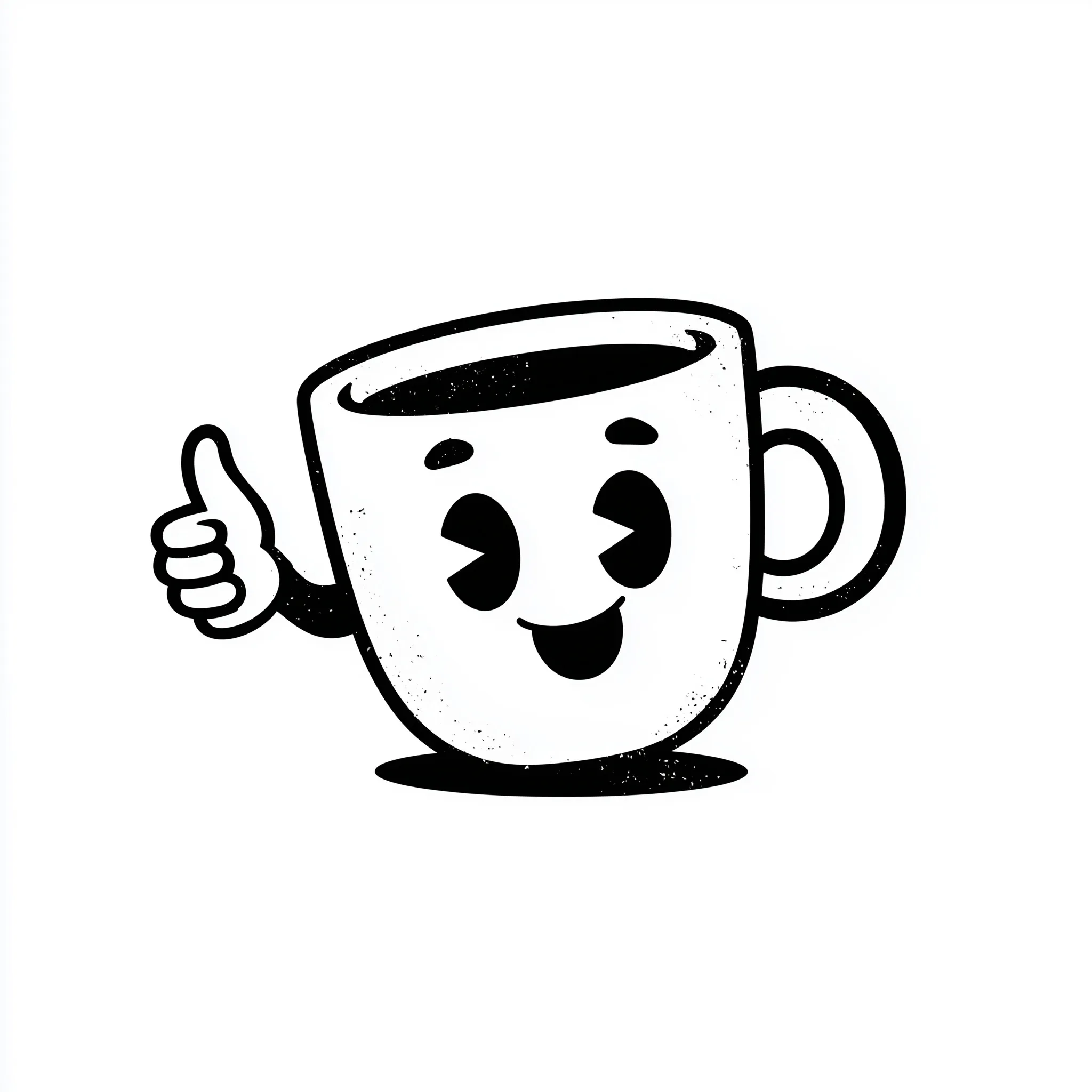 Cute cartoon coffee cup with a happy face and thumbs up, vector logo style with thick lines on white background.