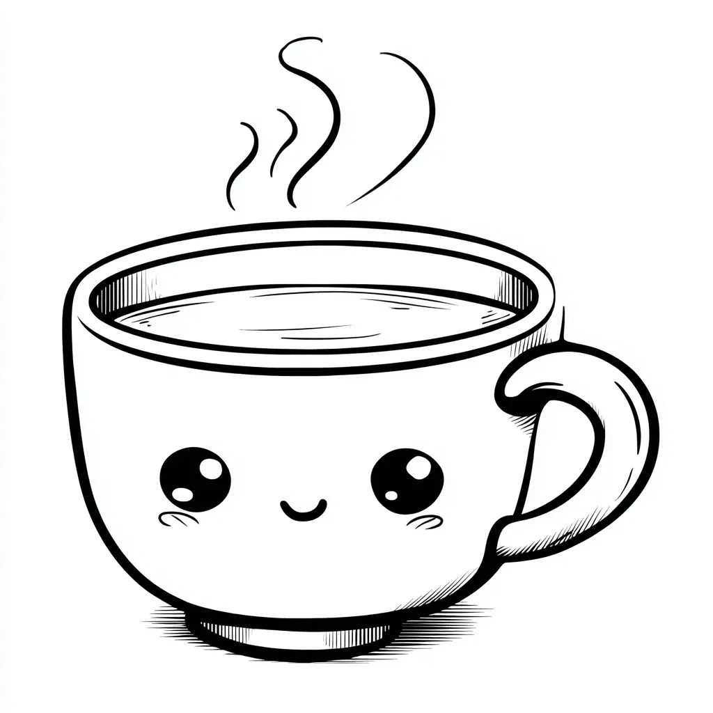 Black and white cartoon coffee cup outline SVG illustration for creative design projects.