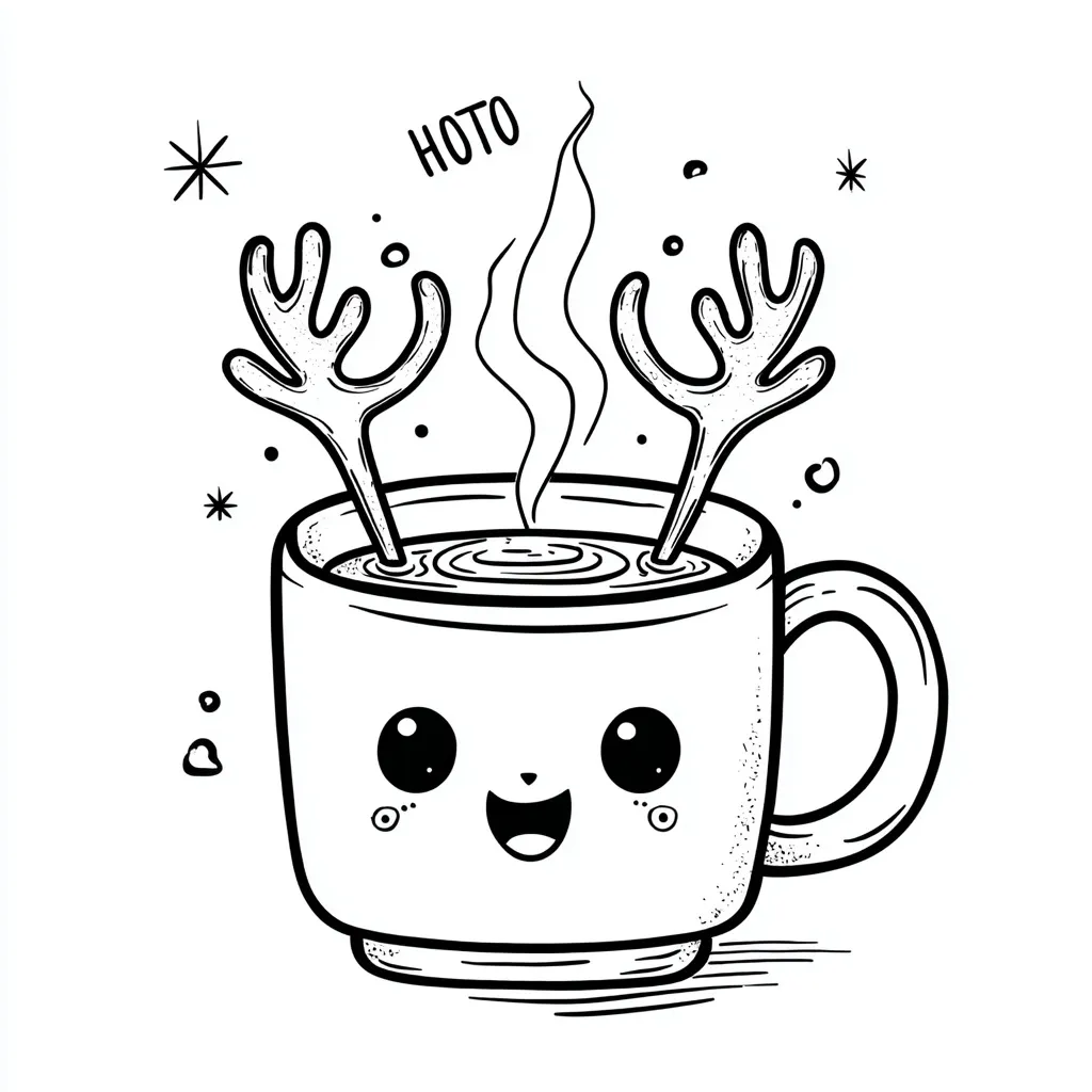 Cute black and white cartoon hot cocoa cup clipart with reindeer antlers and a happy face on a white background.
