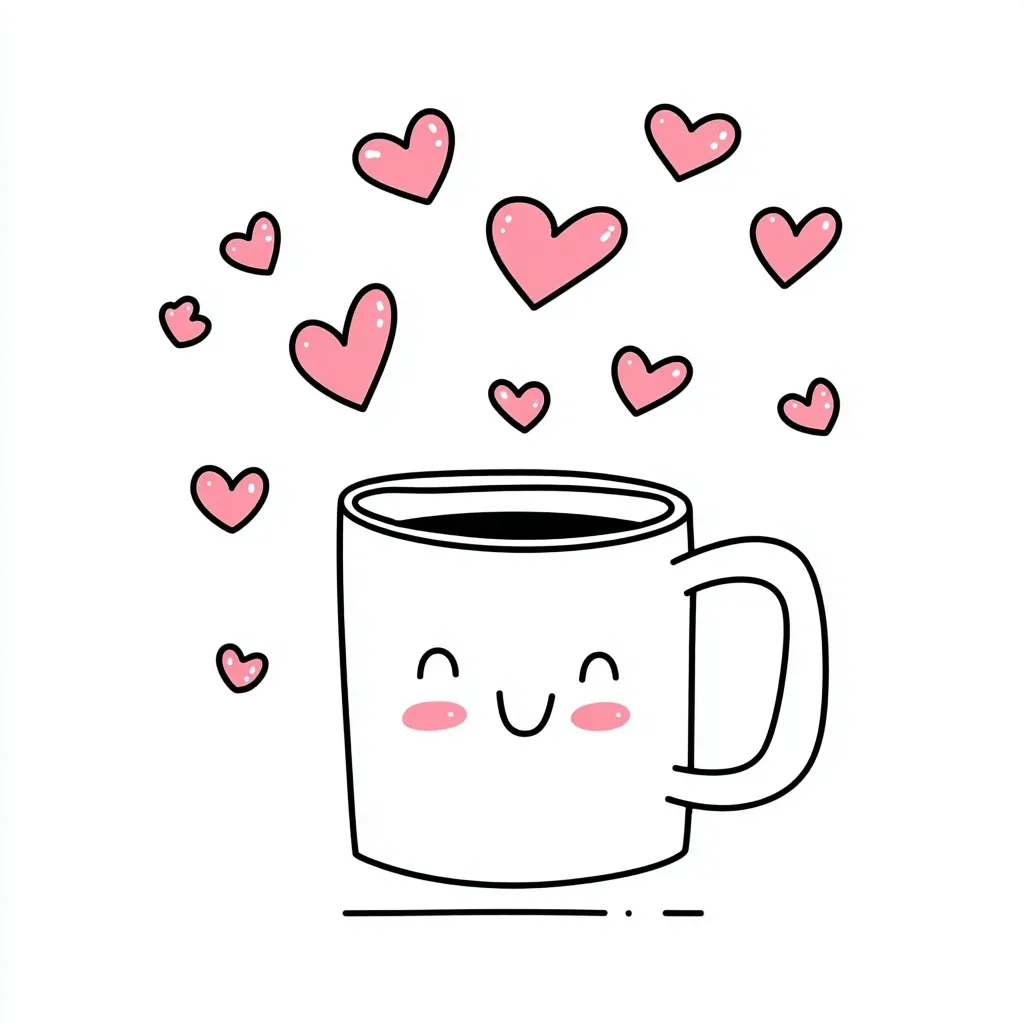 Cute happy coffee mug doodle with pink hearts, simple vector line art illustration on a white background.