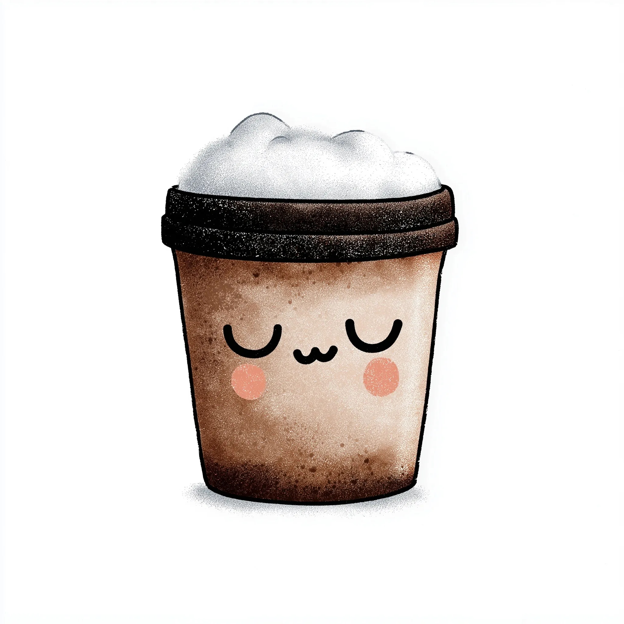 A cute coffee cup illustration with a sleepy face on a clean white background.