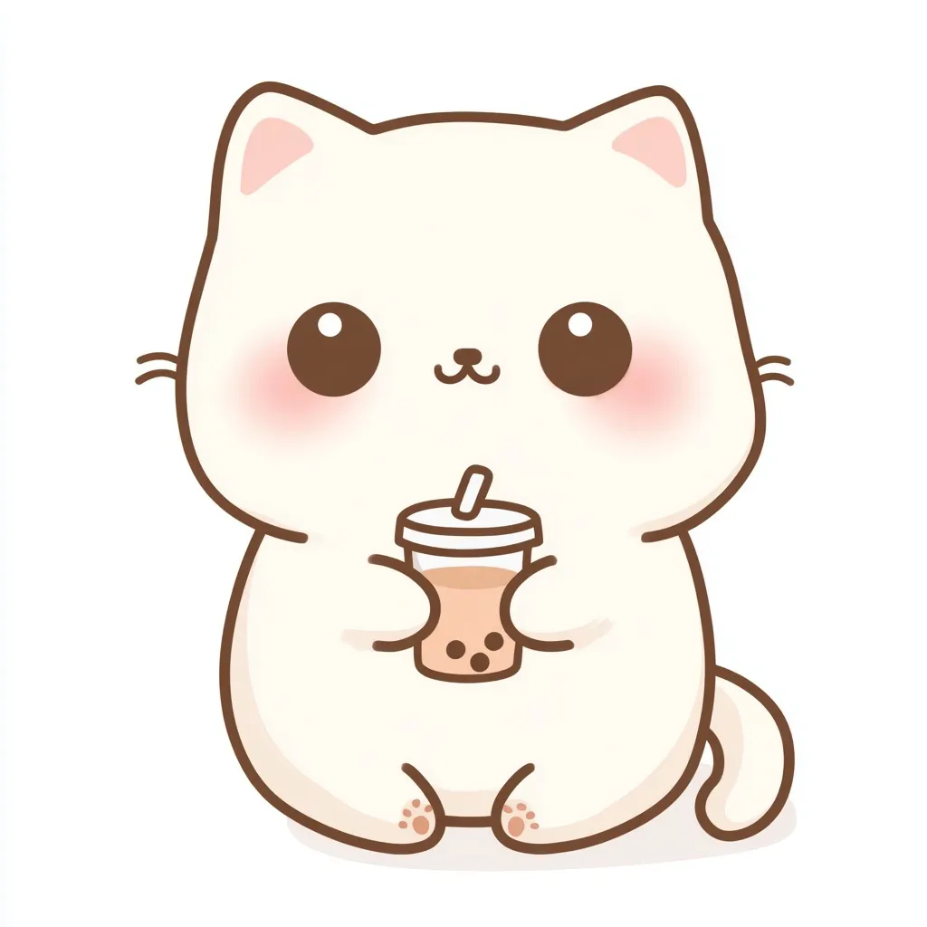 Cute chibi cat holding coffee cup, kawaii vector art with pastel colors and thick outlines on transparent background.