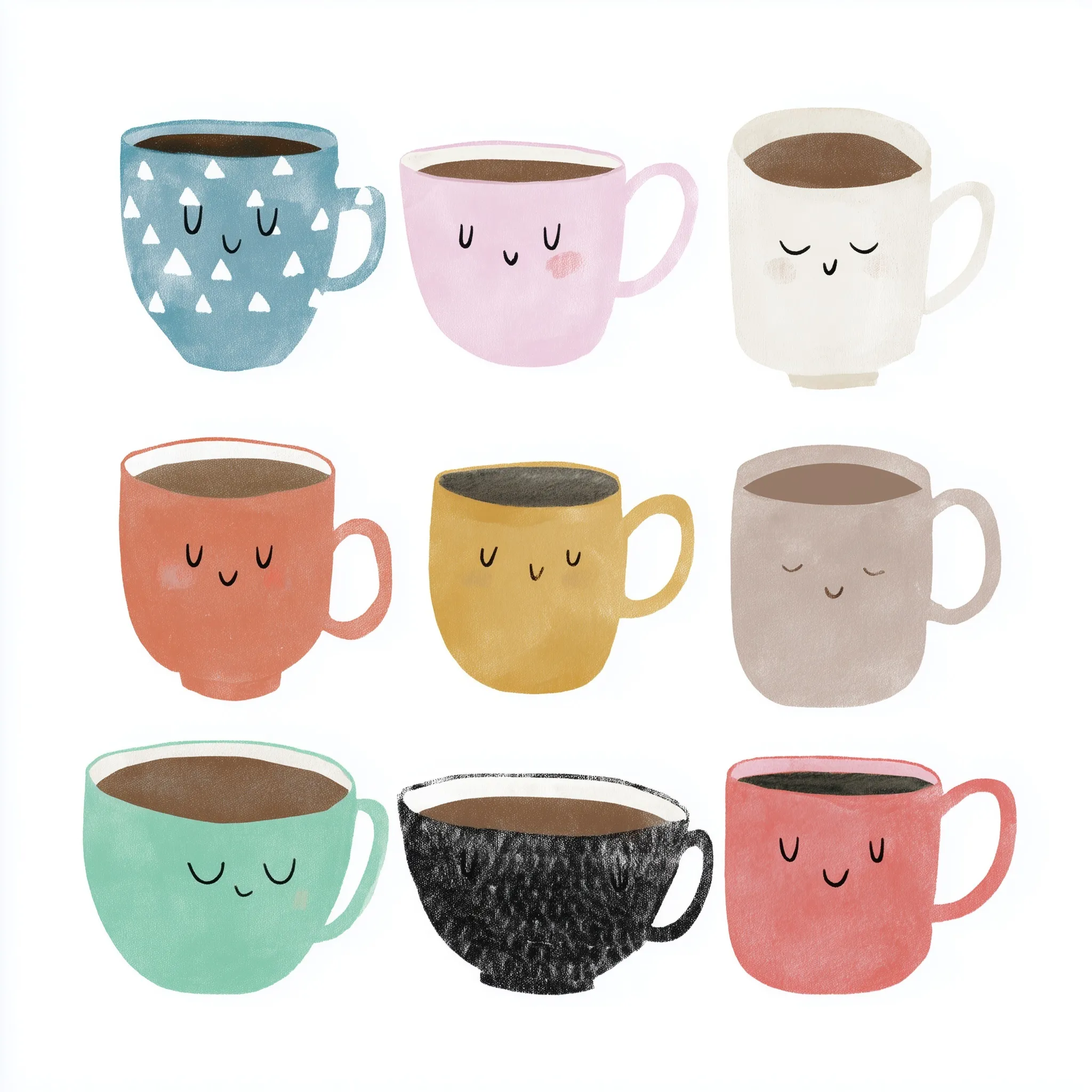 Cute whimsical coffee mugs with flat minimal textures, isolated on white background in a playful hand-drawn style.