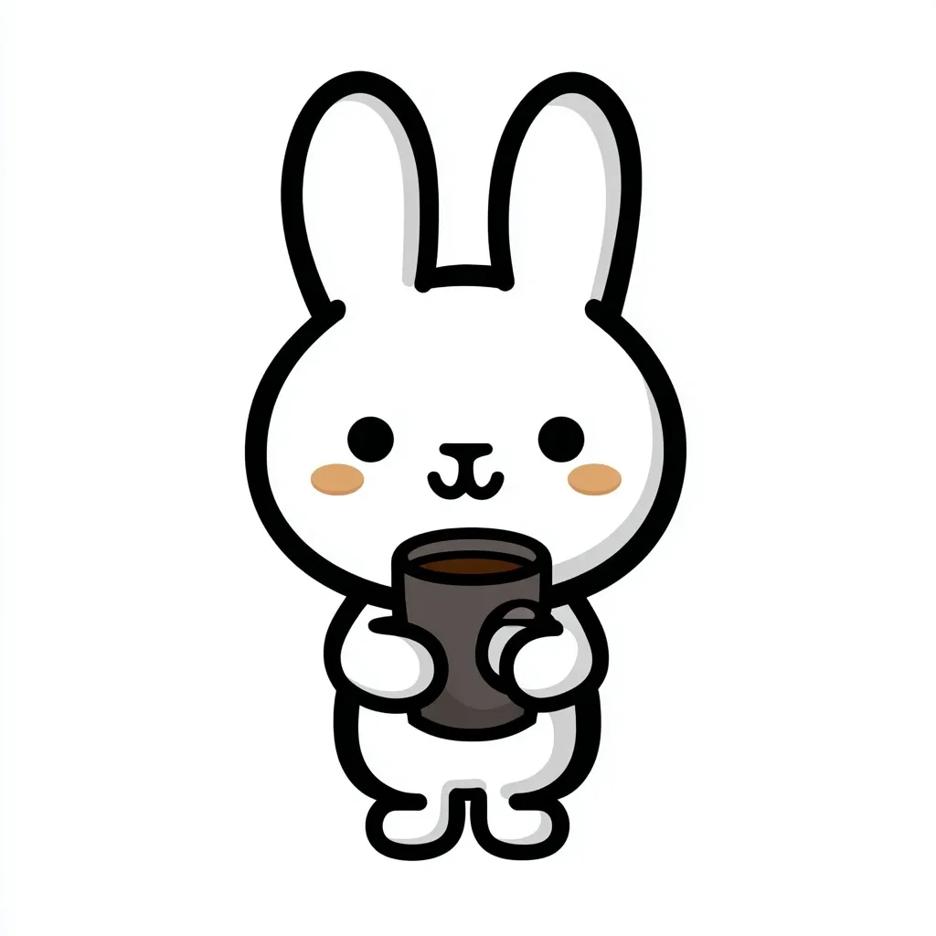 A cute kawaii bunny drinking coffee, bold vector illustration with simple shapes isolated on a white background.