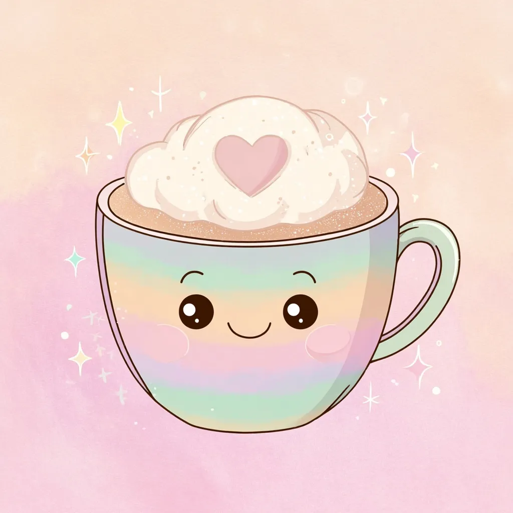 Kawaii latte clipart with a smiling face and heart foam in a pastel cream mug, decorative soft sparkles.
