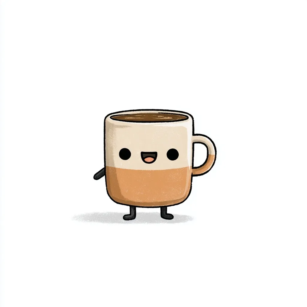 A cute, hand-drawn coffee cup character with a happy face in a minimalist, flat pastel cartoon style.