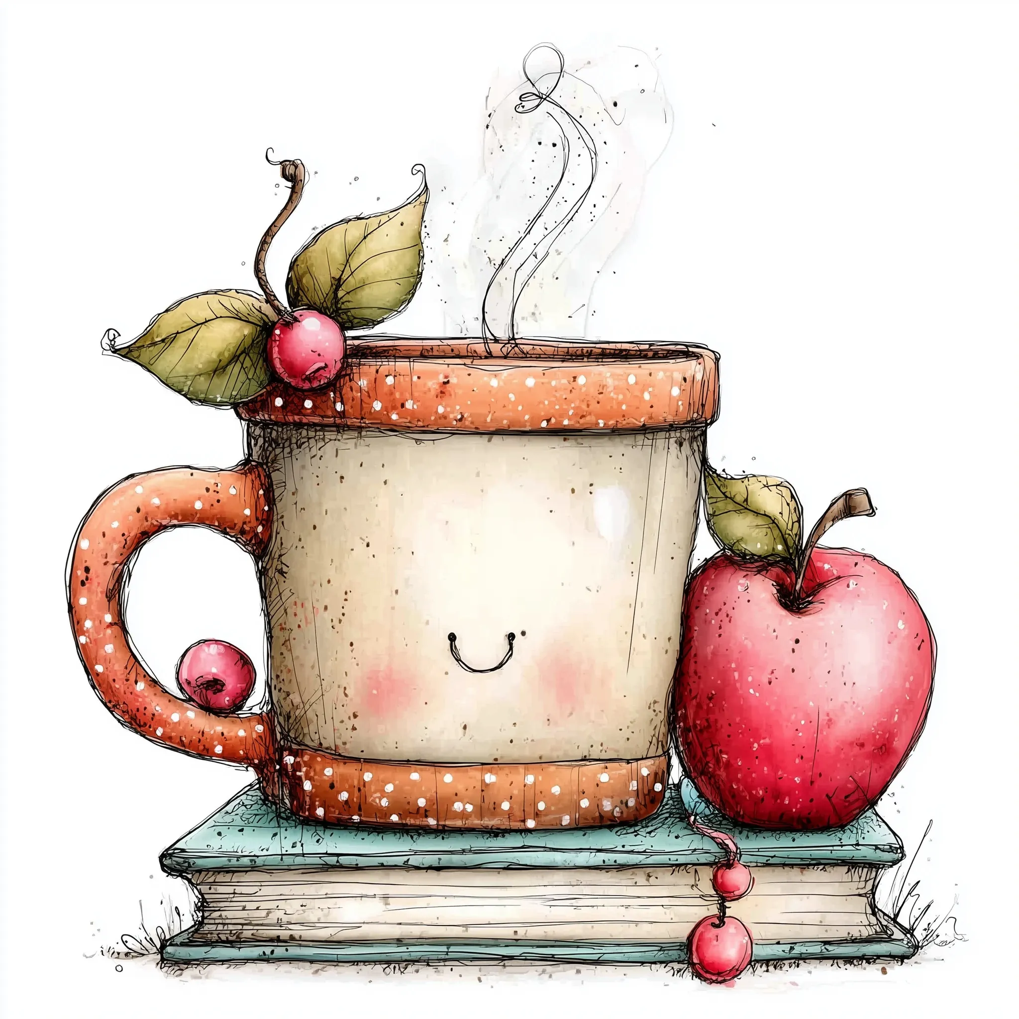 Cute cartoon coffee mug and apple vector clipart with thick black outlines on a pure white background.
