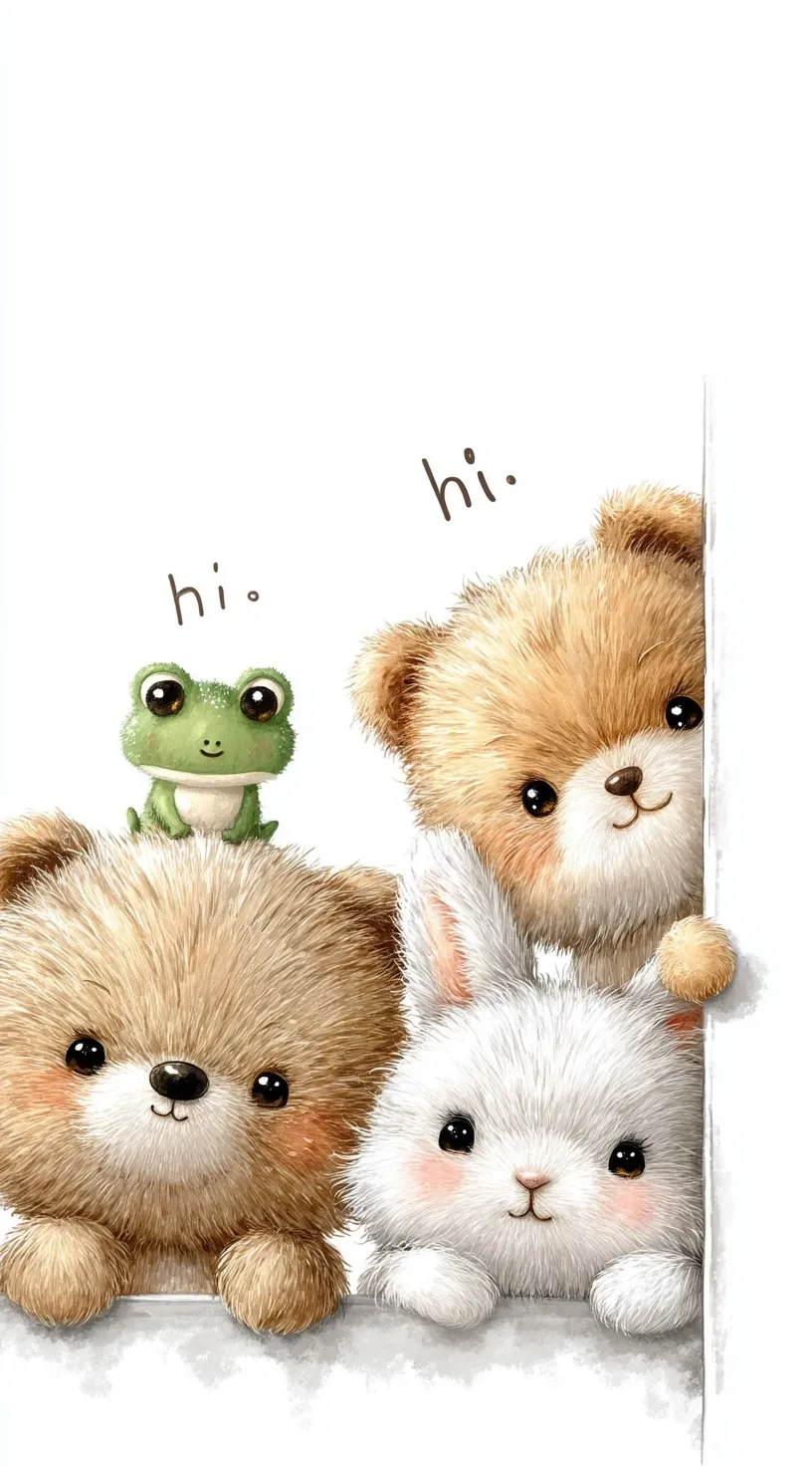 Cute kawaii bear, frog, and rabbit characters peeking from a vertical frame on a soft pastel white background.
