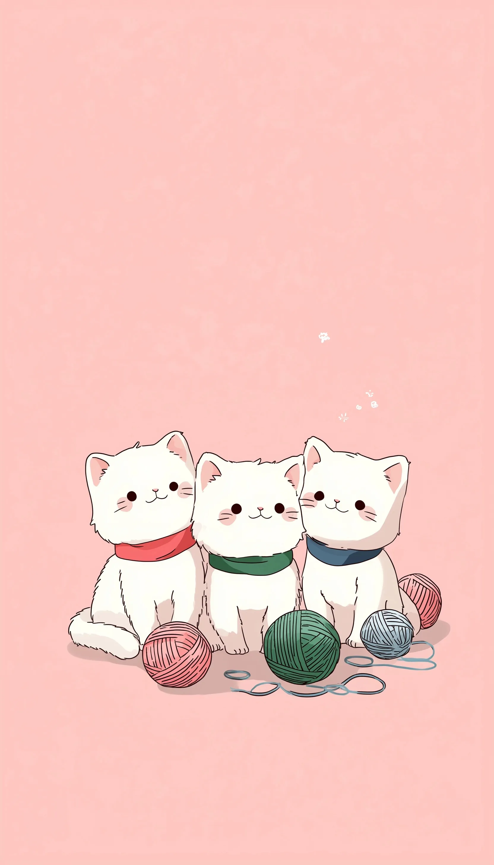 Three cute white kittens with colorful collars and yarn balls in a minimalist Japanese kawaii art style.
