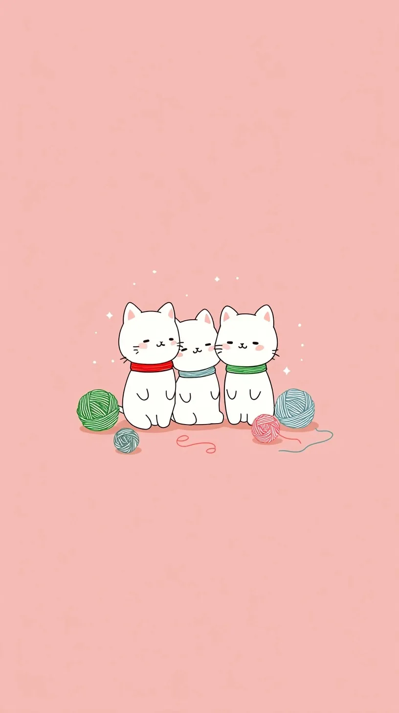 Three cute white kittens with colorful collars and yarn balls in a minimalist Japanese kawaii art style.