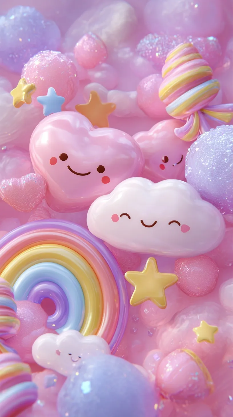 Cute kawaii 3D mobile wallpaper with smiling clouds, glossy hearts, and pastel pink elements in a dreamy style.