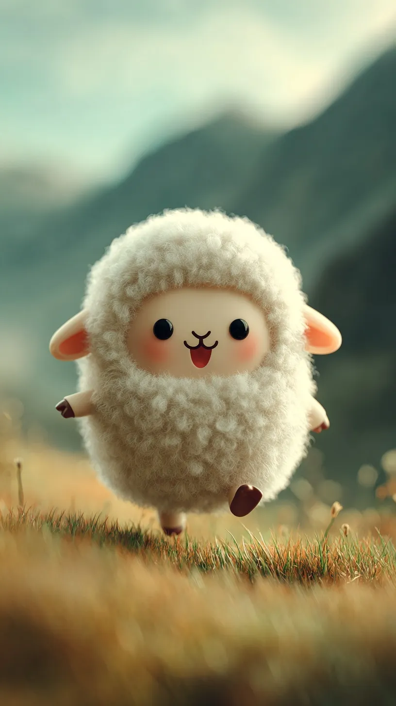 Anthropomorphic cute sheep running in a dreamy cartoon grassland with bright dopamine colors, 2D vector style.