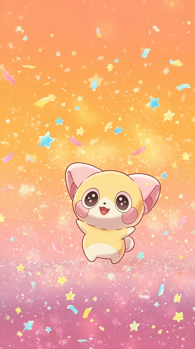 Cute anime mascot wallpaper for iPhone with sparkling stars and colorful confetti in a vibrant digital art style.