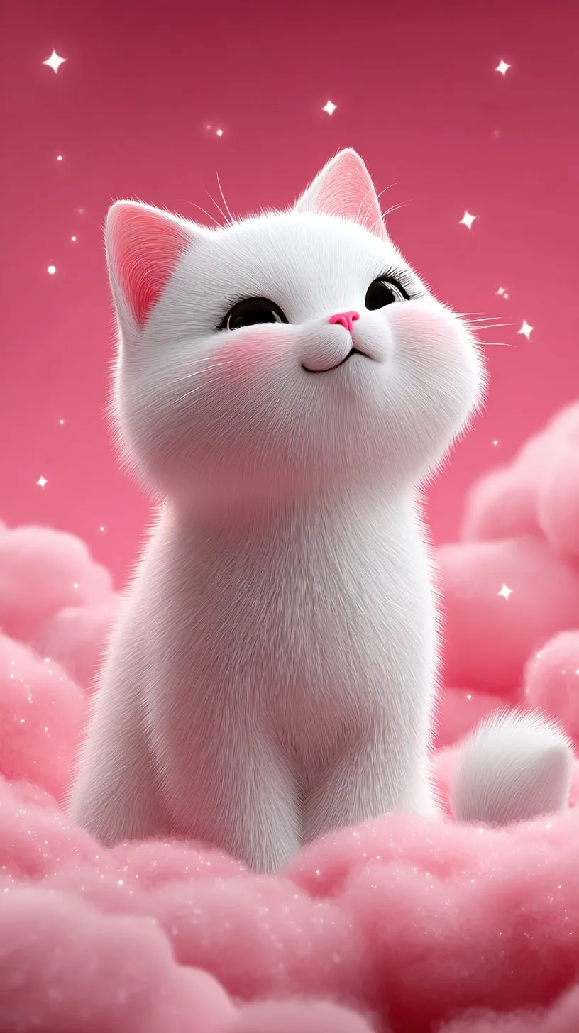A cute white kitten sitting on pink clouds with glowing stars, dreamy digital cartoon wallpaper for mobile.