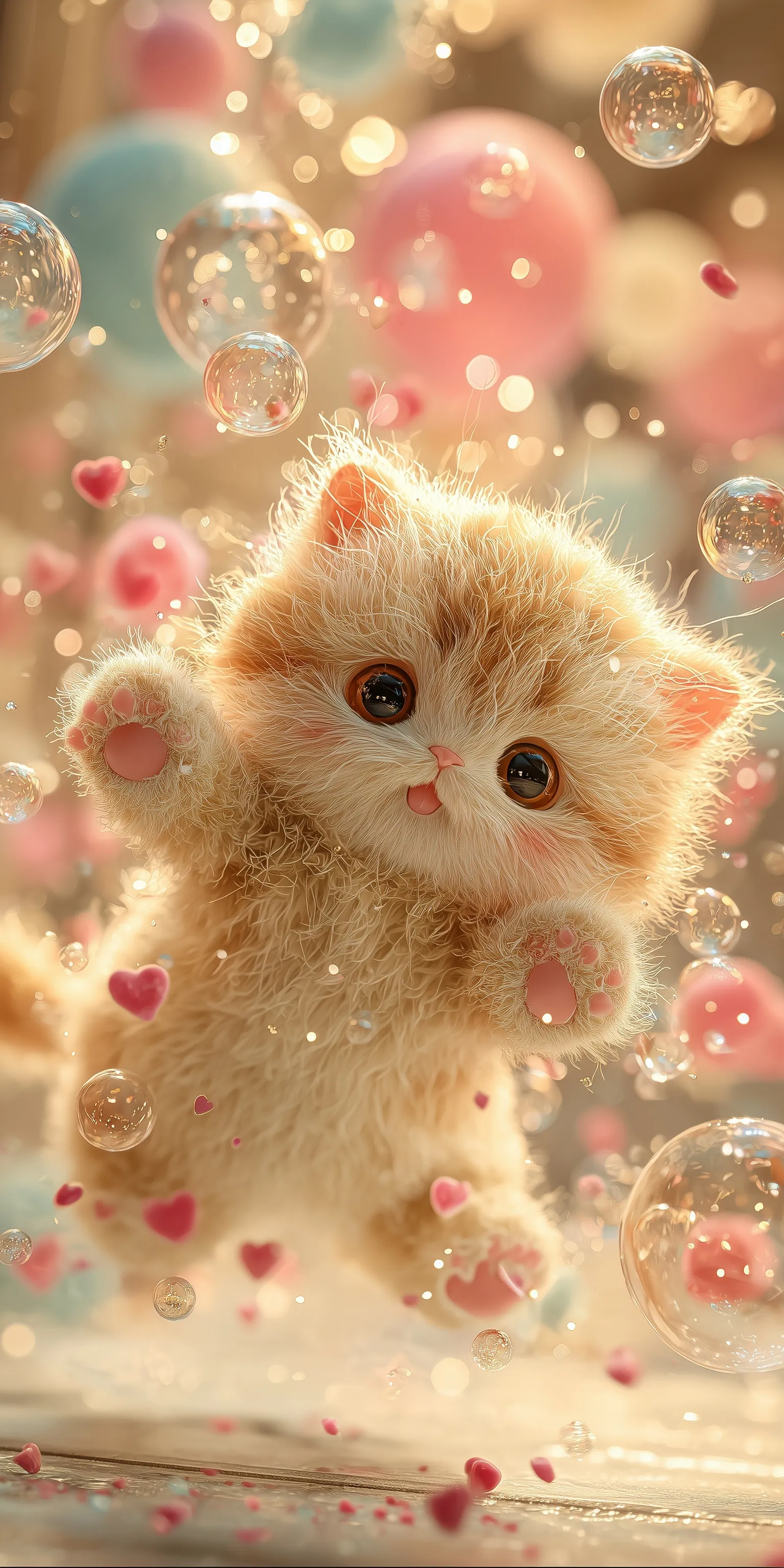 A cute chibi kitten blowing pastel bubbles with sparkling eyes, glowing stars, and hearts on a dreamy rainbow background.
