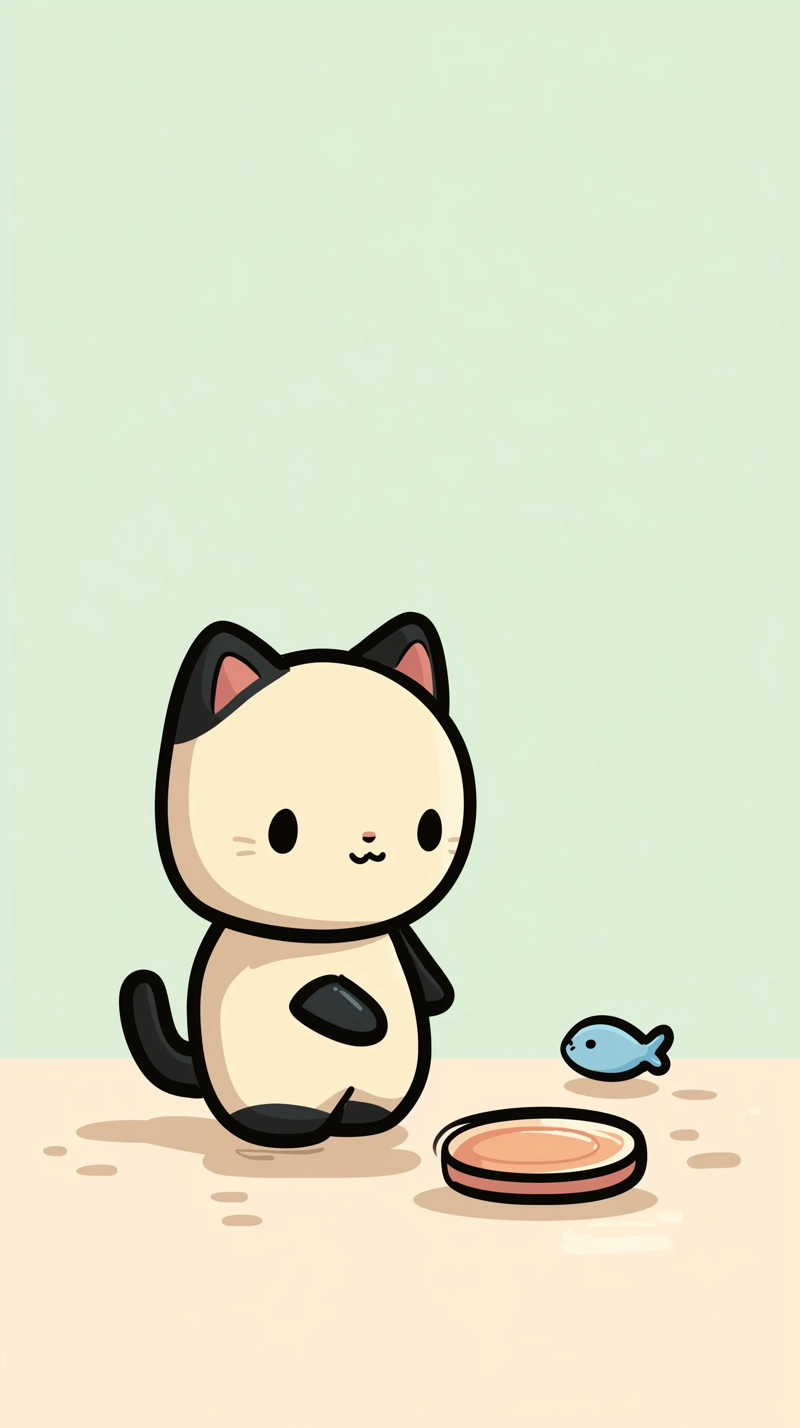 Cute cartoon cat tilting head at a shiny gold koban coin with a blue fish toy on a soft pastel gradient background.