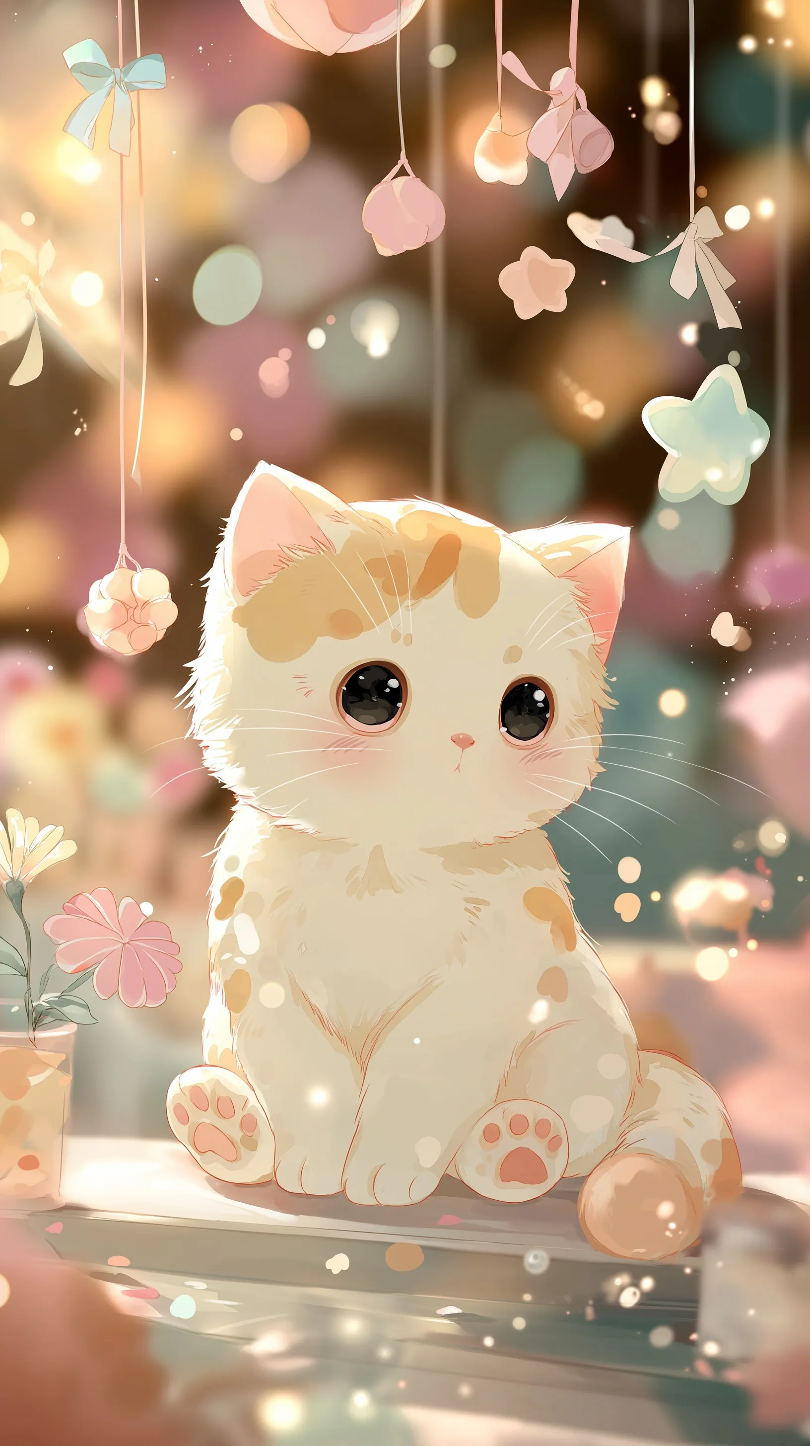 Kawaii white cartoon kitten with pastel hearts and stars, aesthetic anime-style mobile wallpaper design.