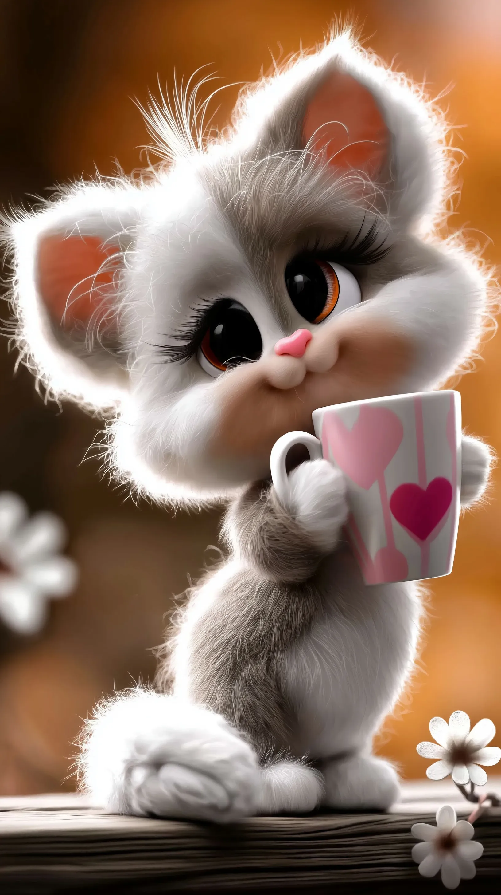 A cute fluffy white kitten drinking from a heart-patterned teacup on a sunny wooden windowsill.