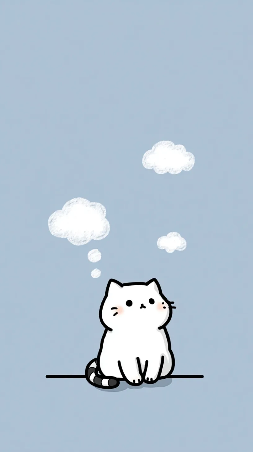 Kawaii kitten line art looking at thought clouds on a soft sky blue minimalist background for mobile wallpaper.