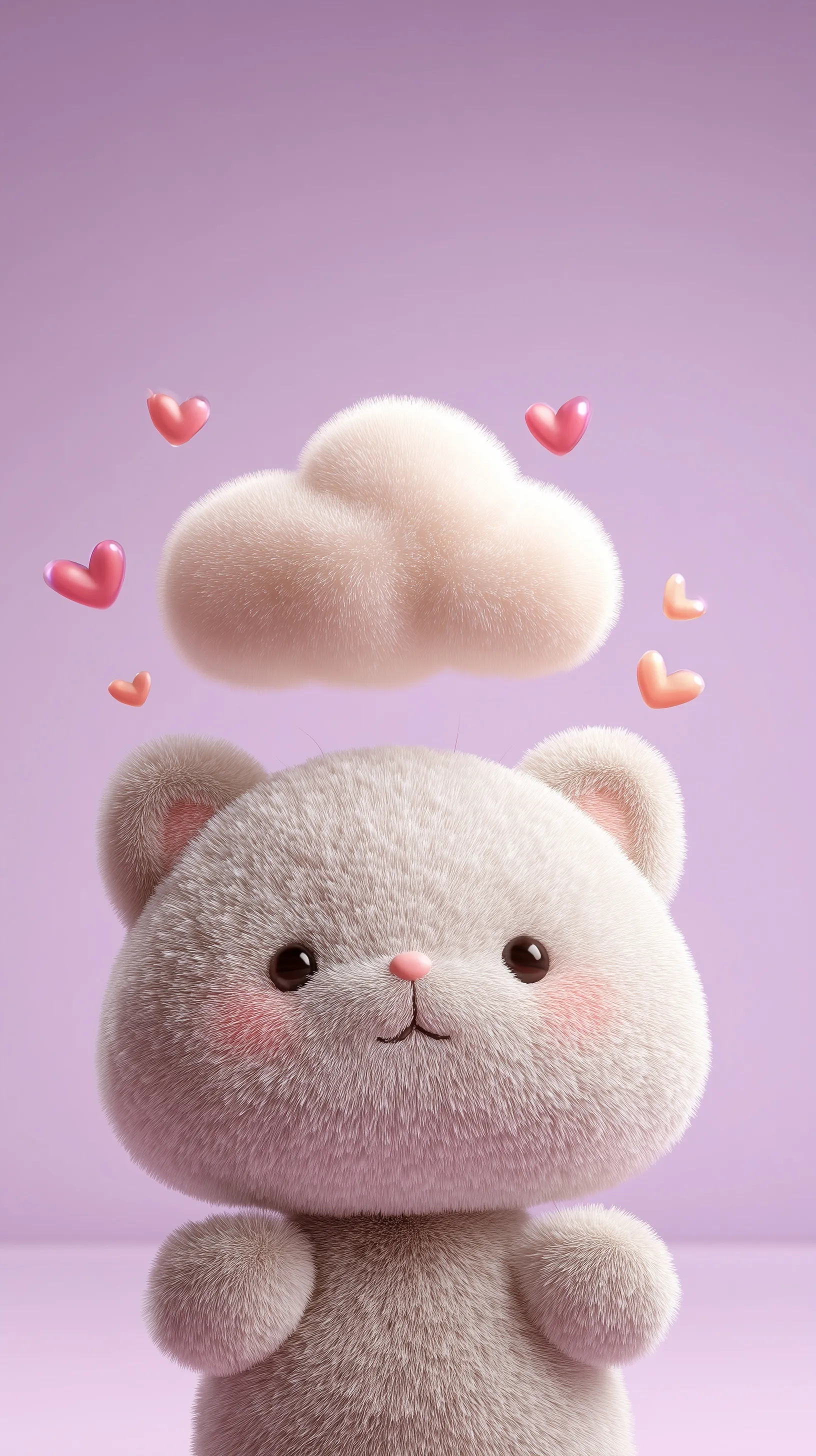 Cute 3D plush kitten teddy bear with floating hearts and cloud, pastel wallpaper for iPhone.