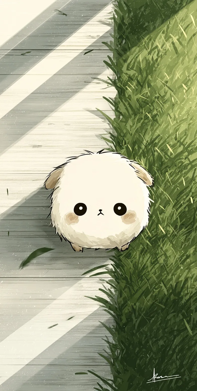 A cute chibi cartoon sheep lying on green grass, digital art style with minimal white background for mobile.