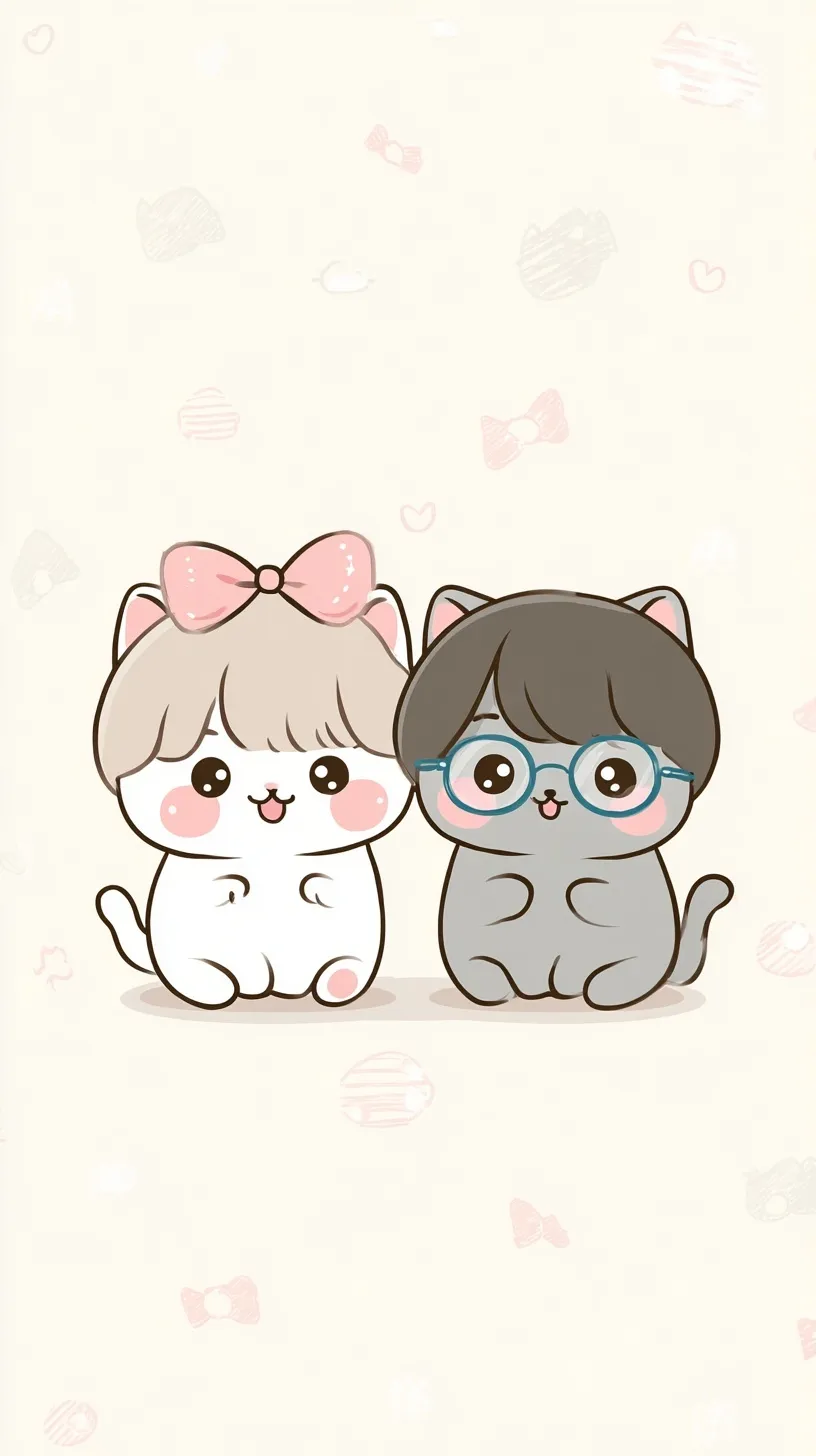 Cute kawaii chibi cat couple with rosy cheeks and pink bows, pastel Korean doodle art for mobile wallpaper.
