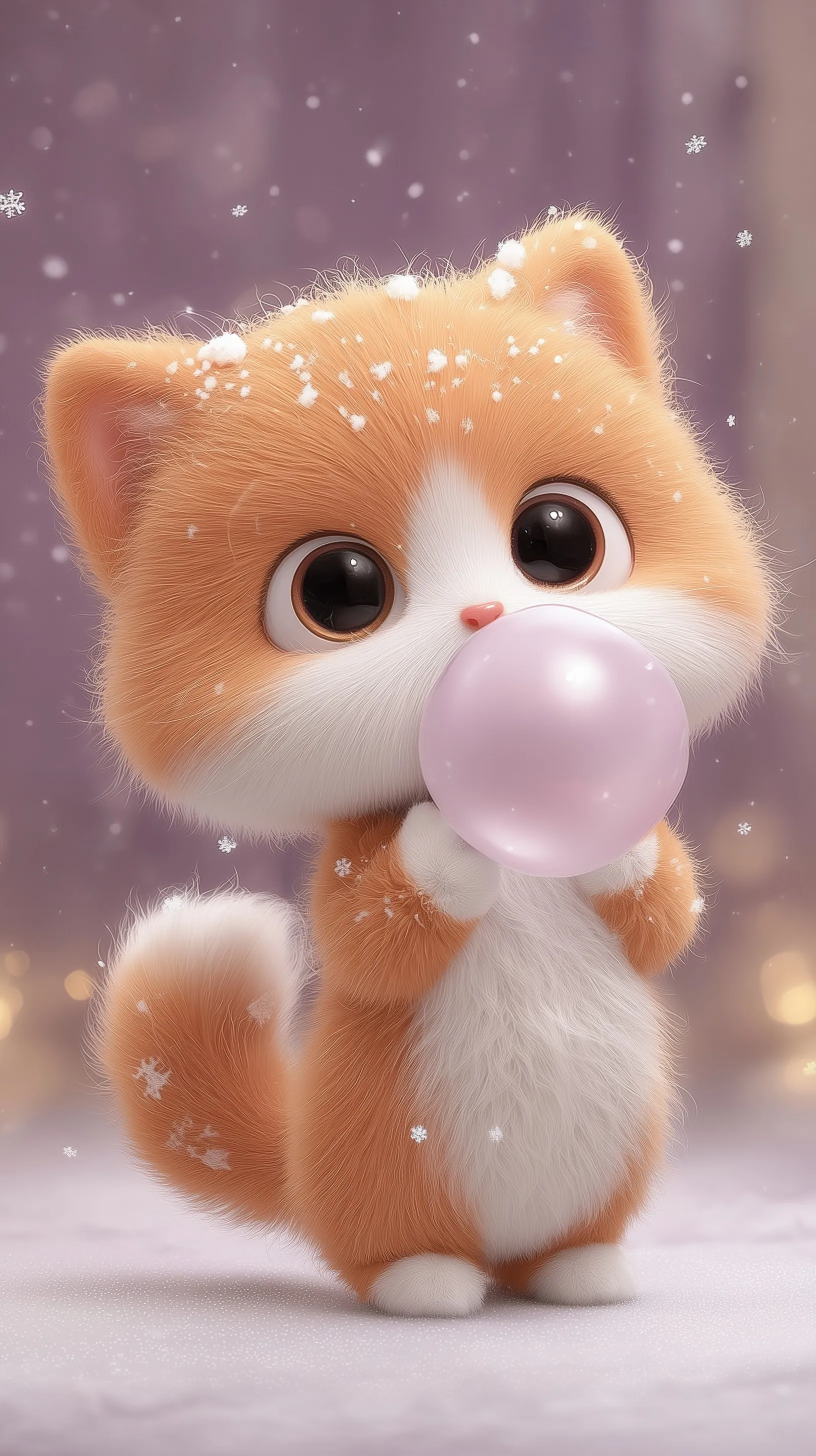 A cute 3D kitten chewing bubble gum with floating snowflakes in a minimalist, vivid orange wallpaper style.