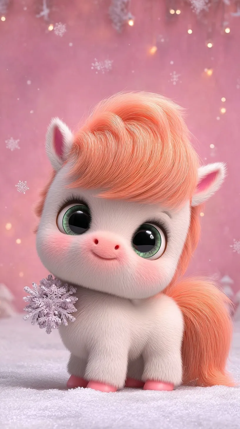 A cute 3D minimalist pony holding a snowflake with floating snow in vibrant orange tones, perfect mobile wallpaper.