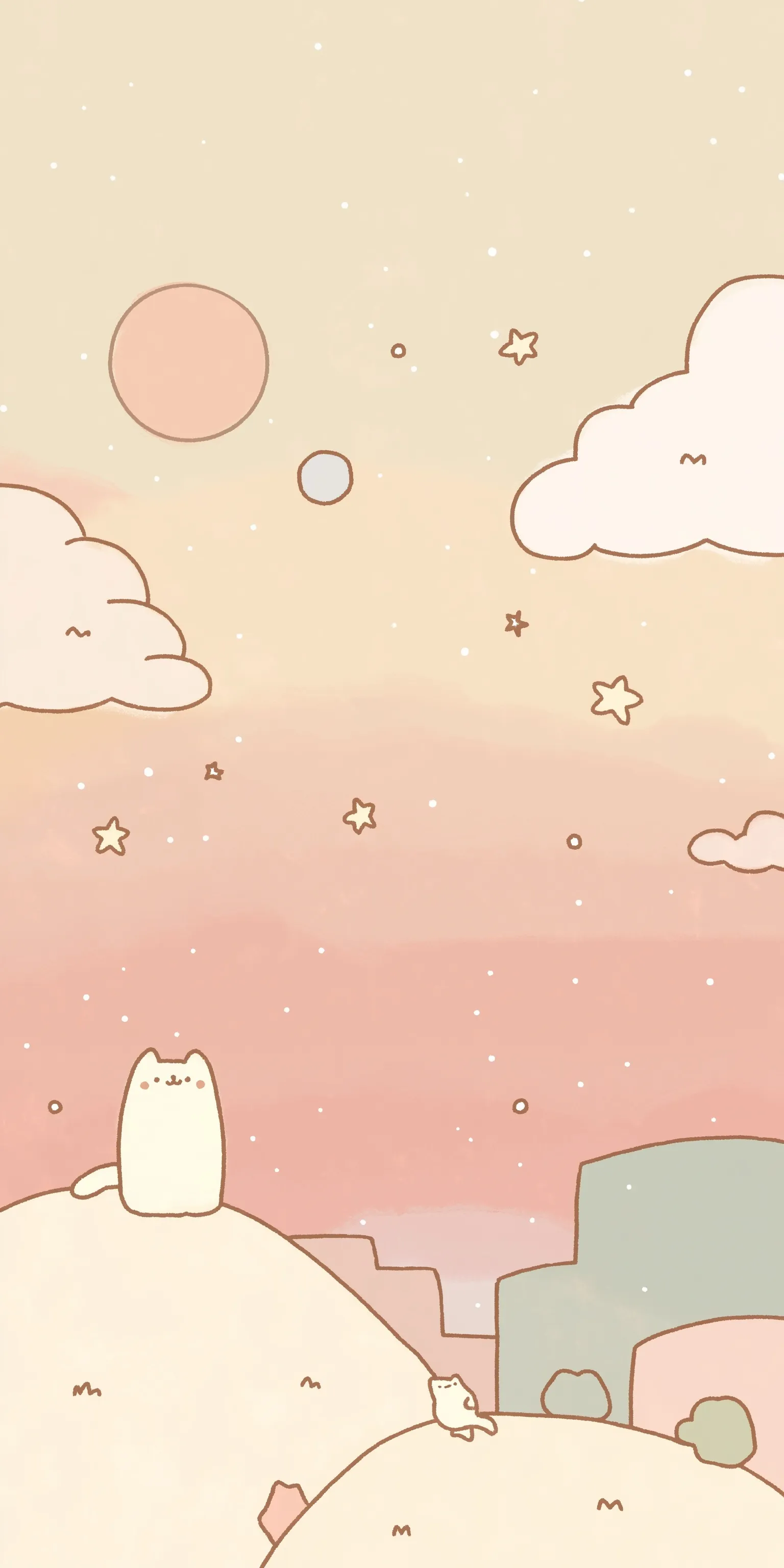 Minimalist pastel cartoon wallpaper for iPhone featuring cute pink cats, clouds, and stars with ample white space.