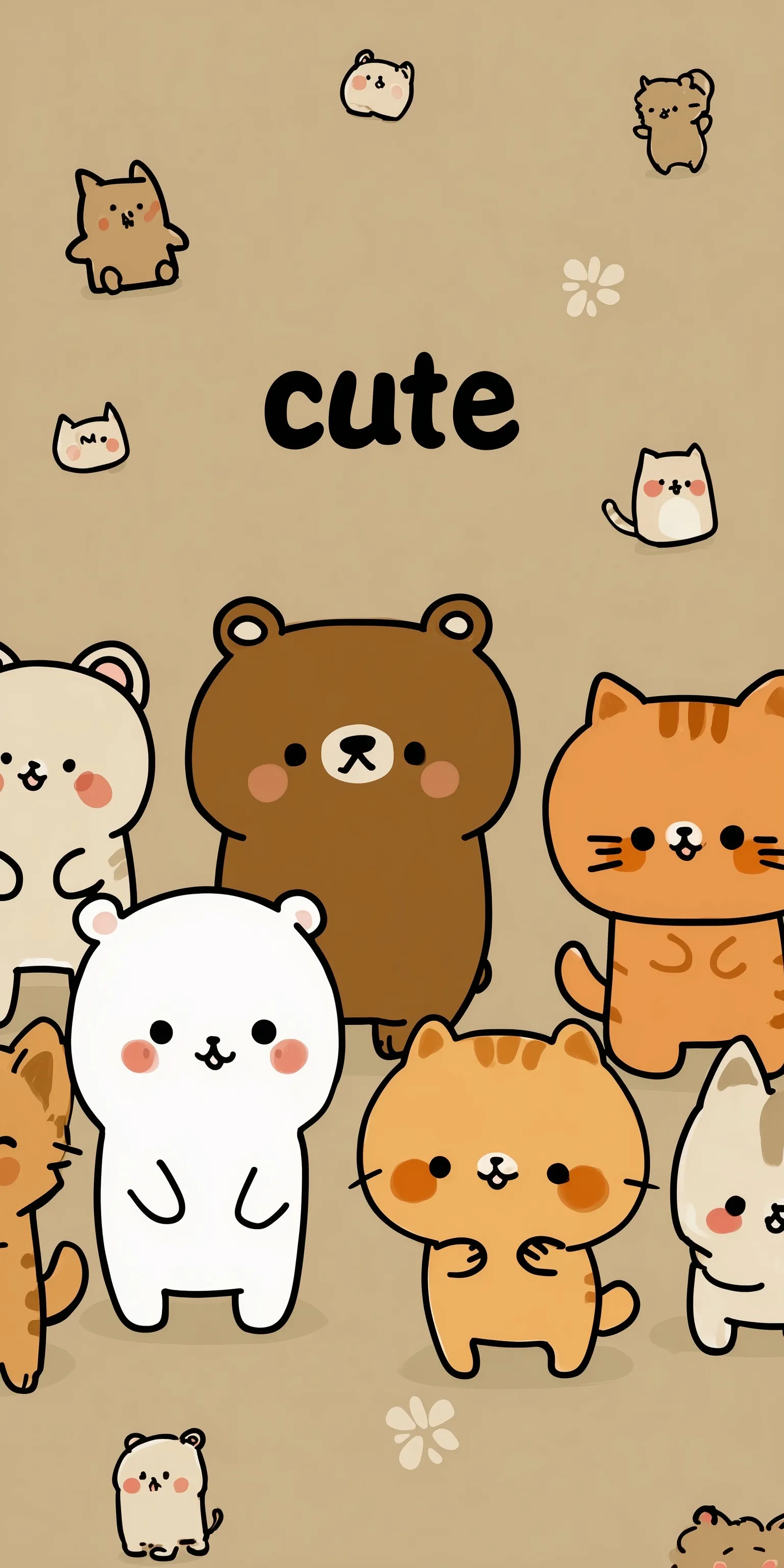 Kawaii wallpaper featuring a cute brown bear and fat orange cat with the text 