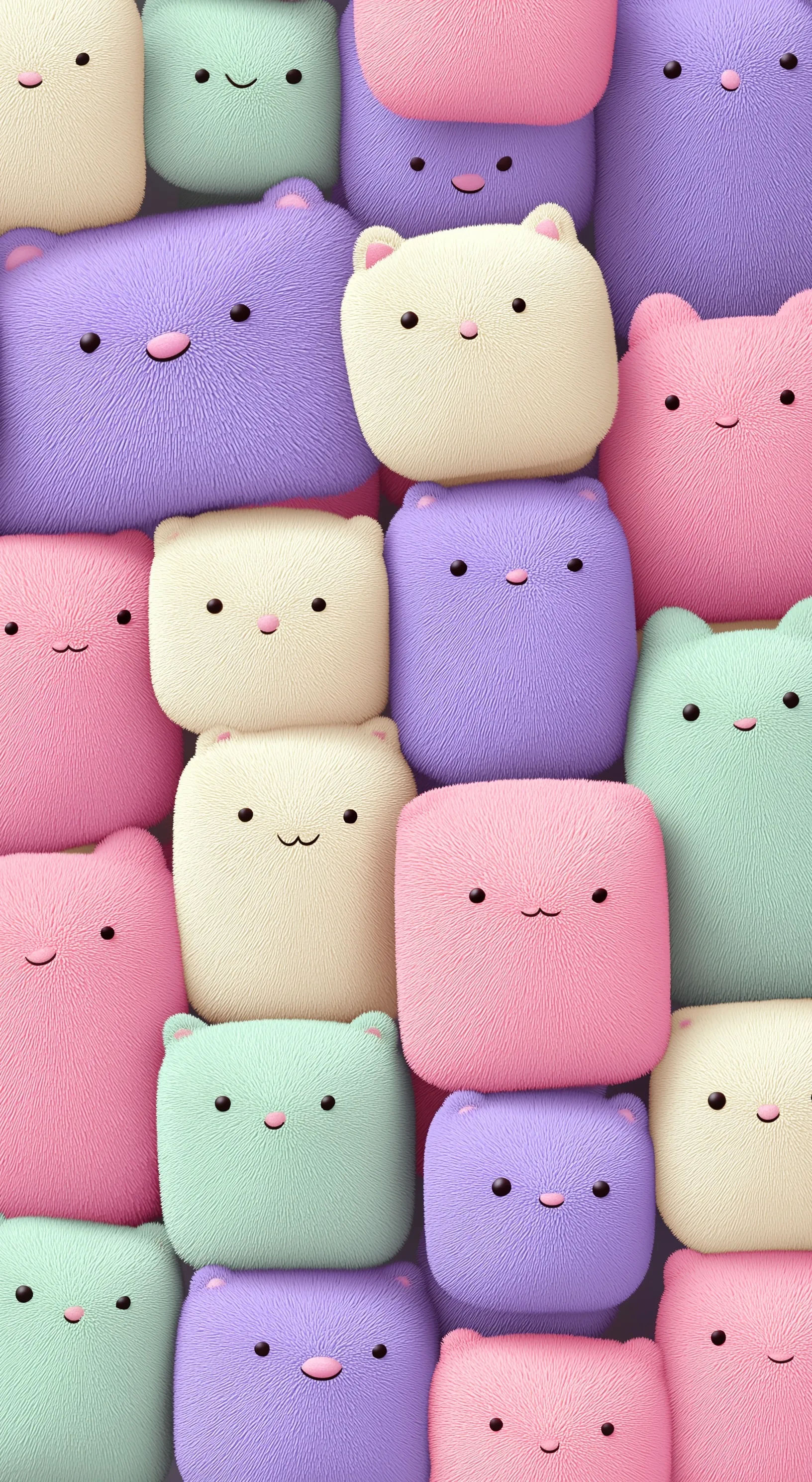 Seamless pattern of plush cube-shaped kawaii cats in pastel colors with soft velvet texture for mobile wallpaper.