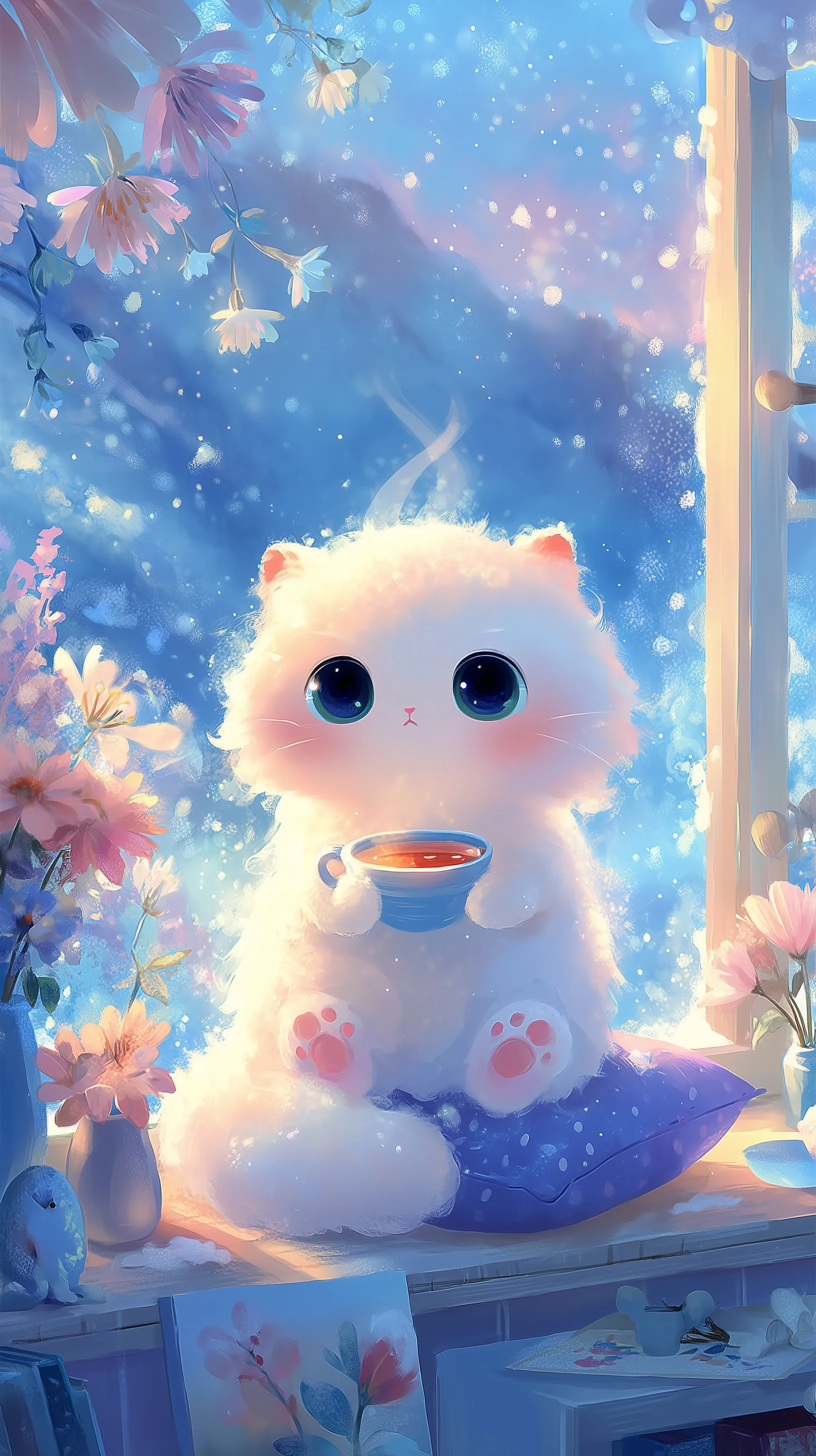 Chibi white kitten with emerald eyes holding a tea cup by a windowsill, watercolor art for cute mobile wallpaper.