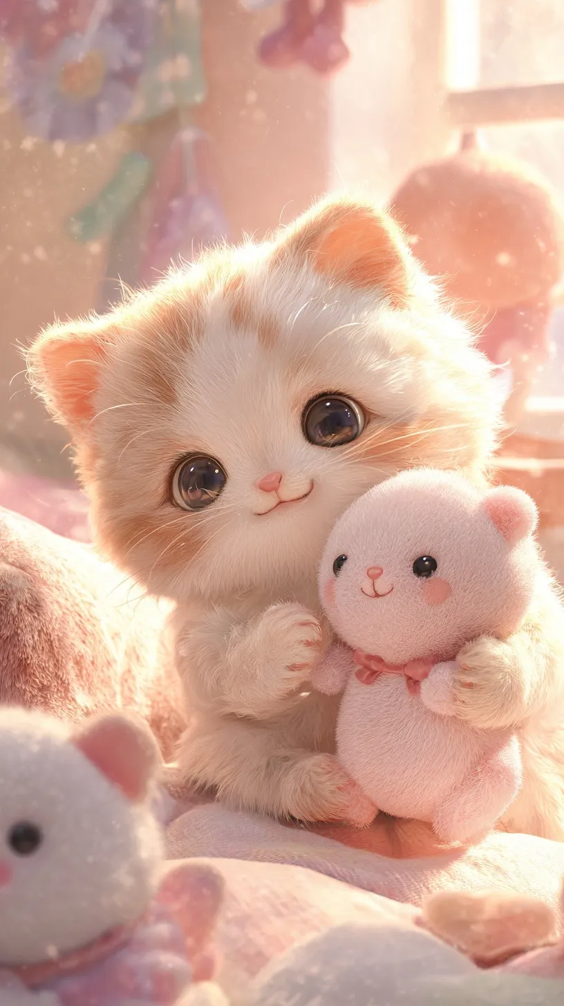 A cute kitten holding a plush toy in a cozy pastel room, perfect as a kawaii aesthetic mobile wallpaper.