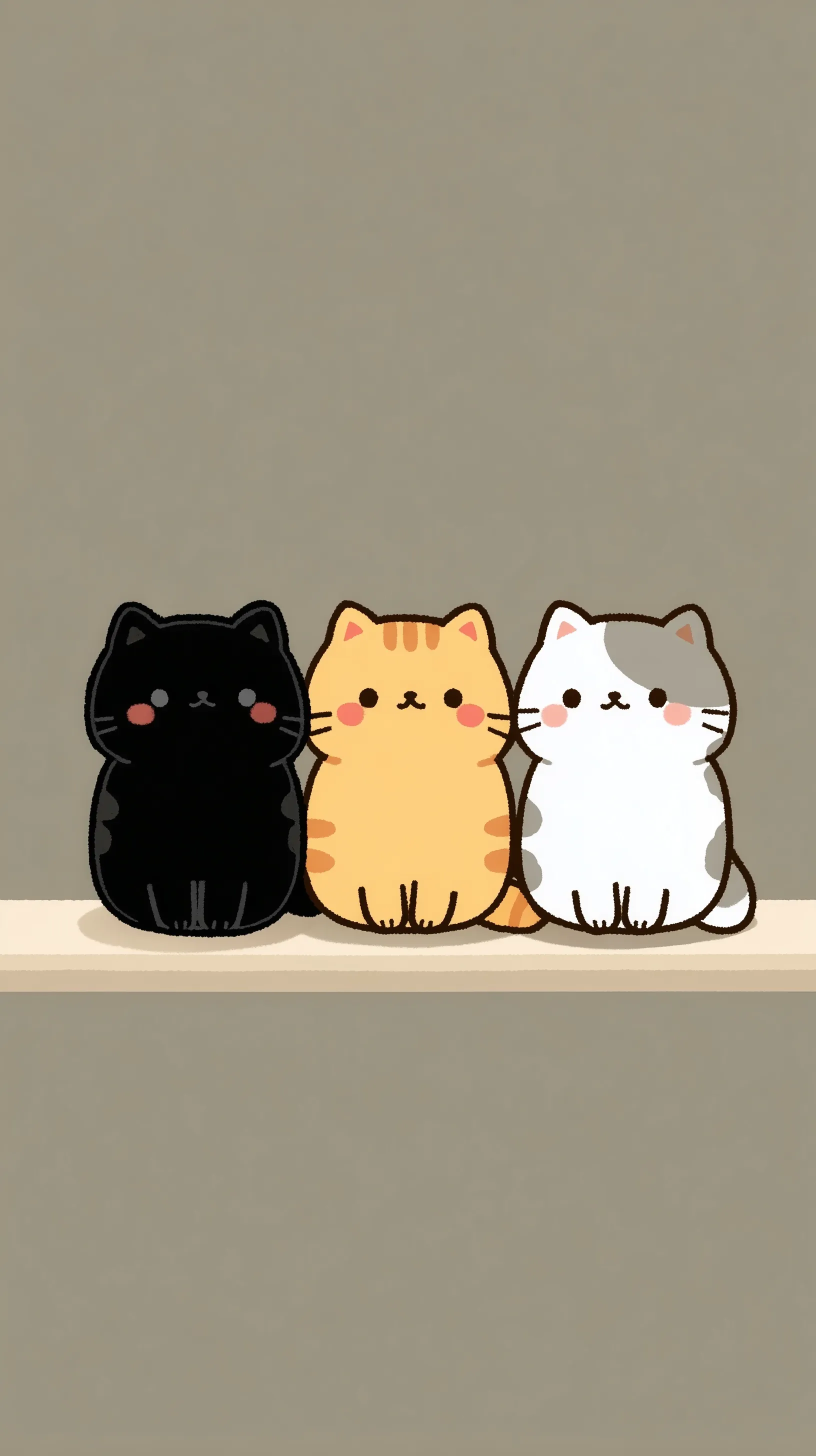 Three adorable chibi cat characters in different colors, designed as a cute mobile wallpaper for iPhone.