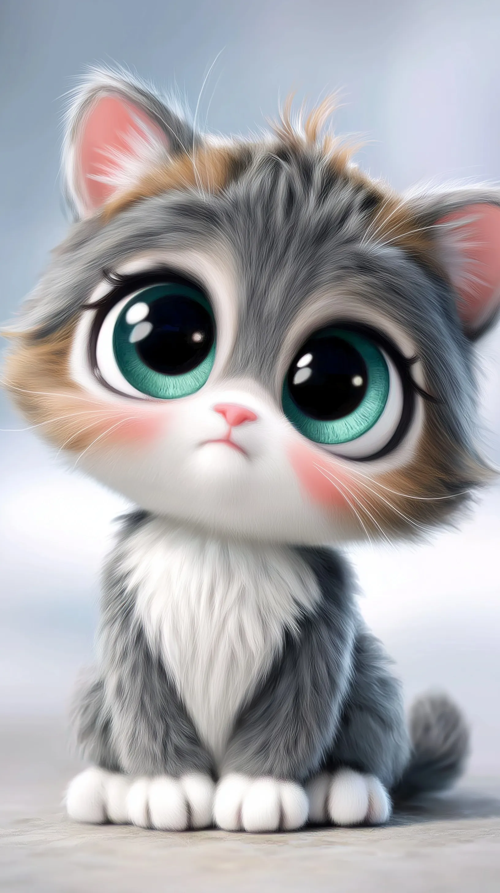 A cute kawaii kitten cartoon with big eyes and soft fur in pastel colors, perfect for a high-quality phone wallpaper.