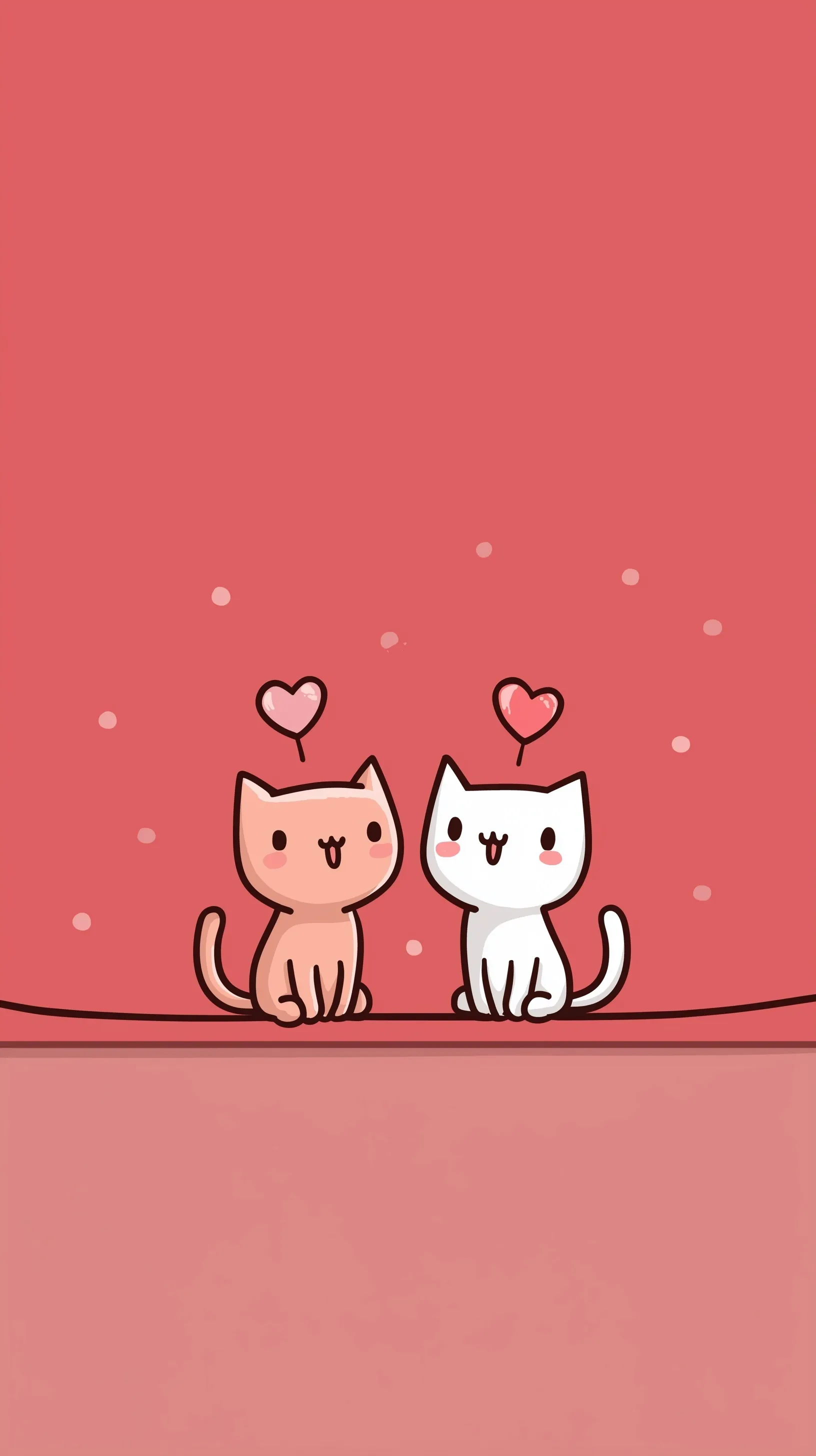 Kawaii kittens with pink hearts sitting on a line, pastel aesthetic mobile wallpaper for iPhone.