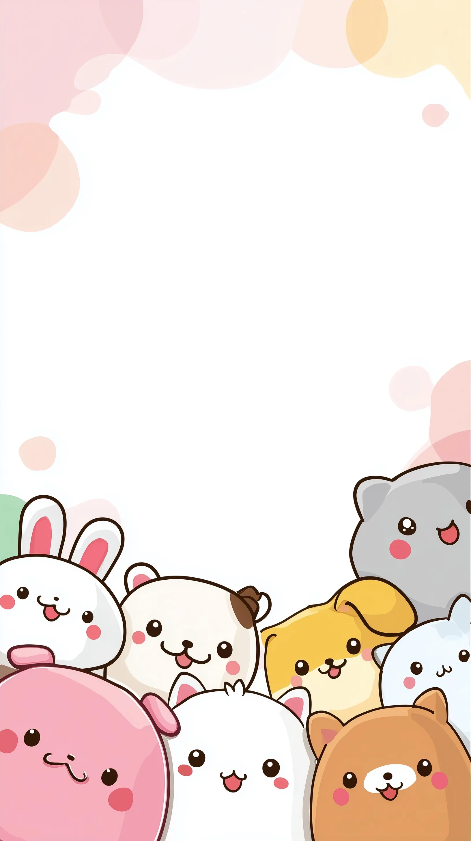 Cute kawaii emoji-style puppy, kitten, and bunny characters with soft pastel colors on a minimal white background.